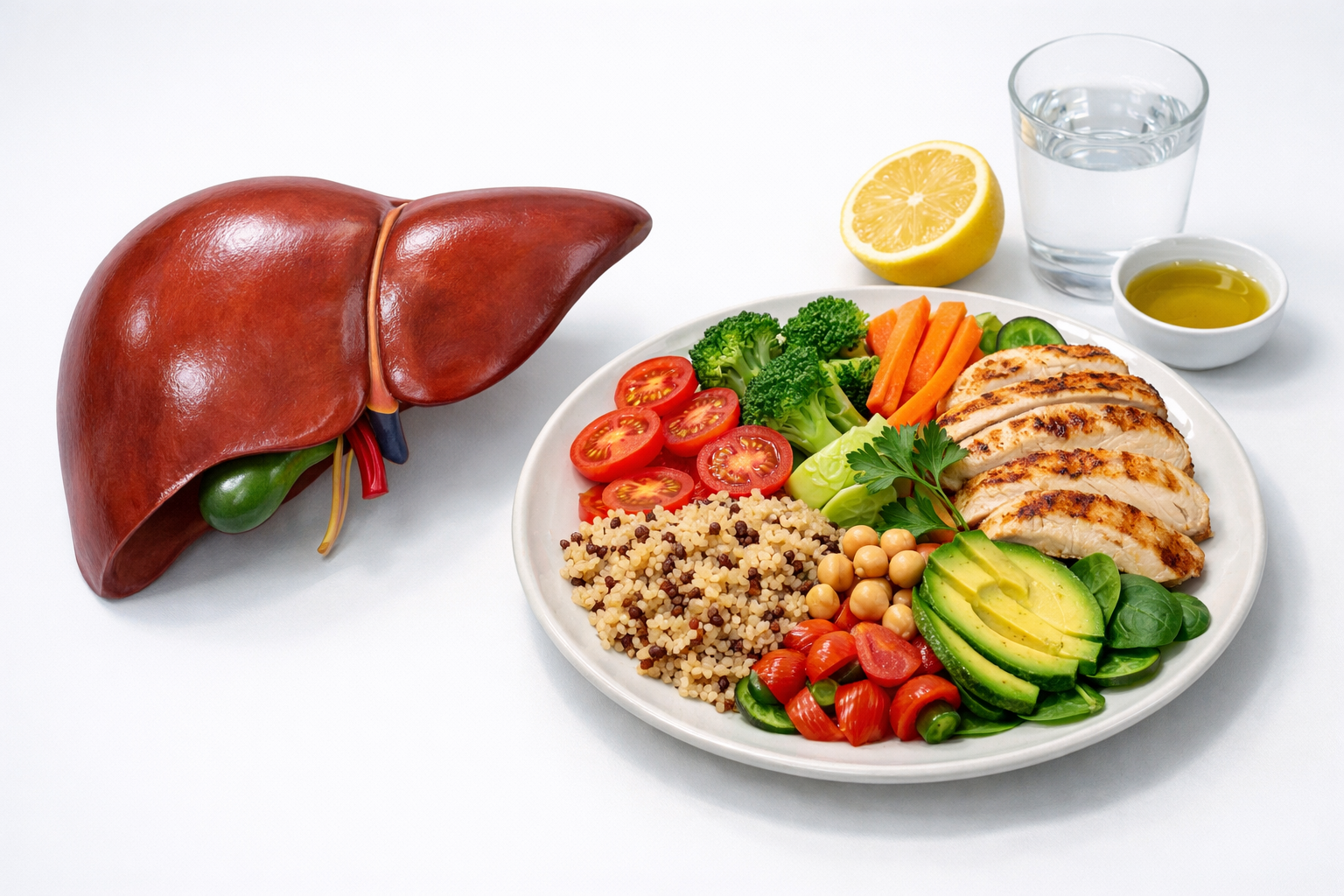 Professional medical-style hero image: a healthy human liver illustration beside a balanced meal plate with lean proteins,