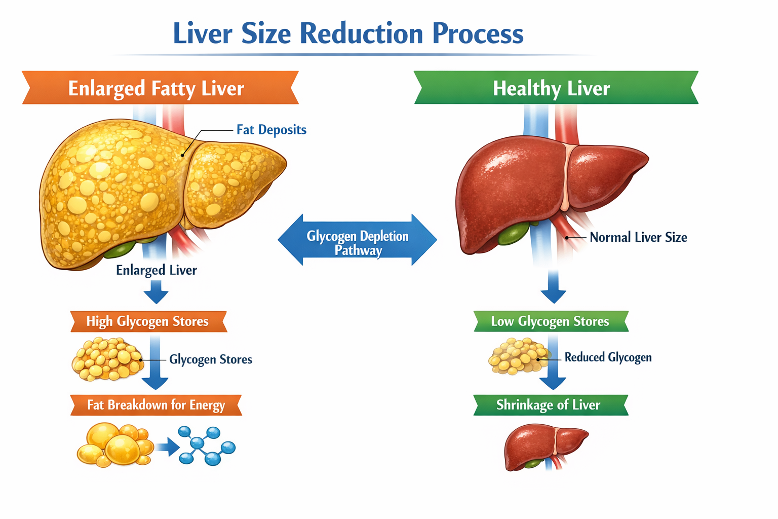 Detailed anatomical infographic showing liver size reduction process: side-by-side comparison of enlarged fatty liver vs