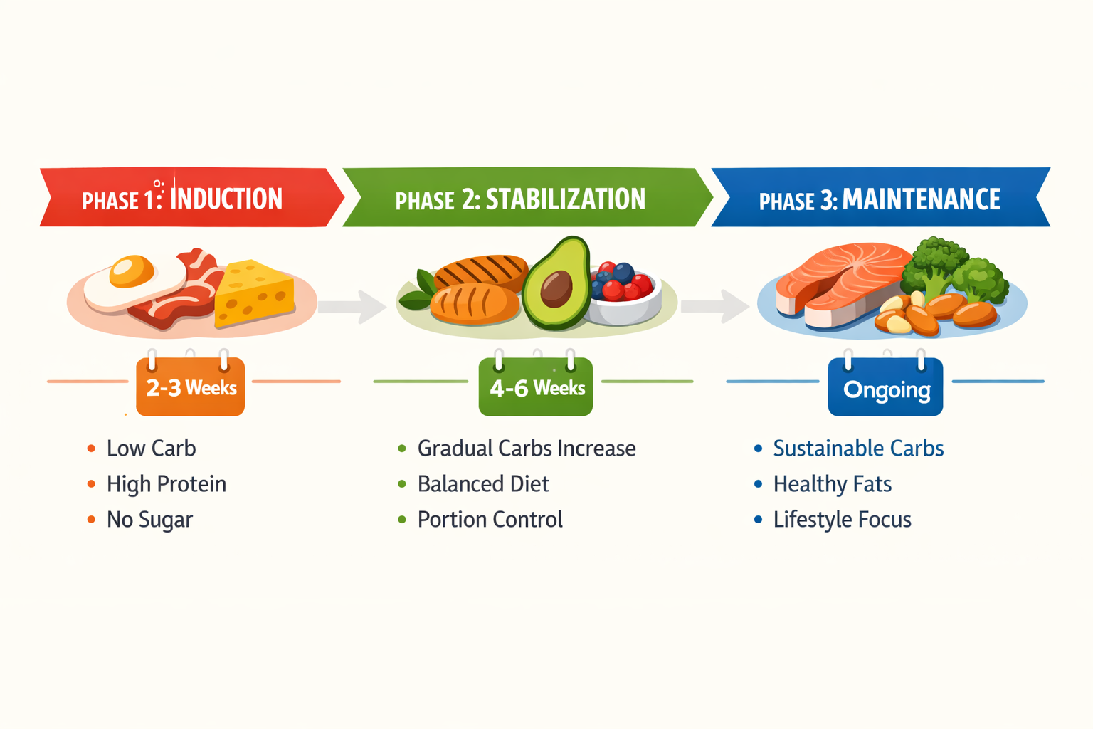 Colorful 3-phase diet timeline infographic: horizontal flow chart showing Induction, Stabilization, and Maintenance phases