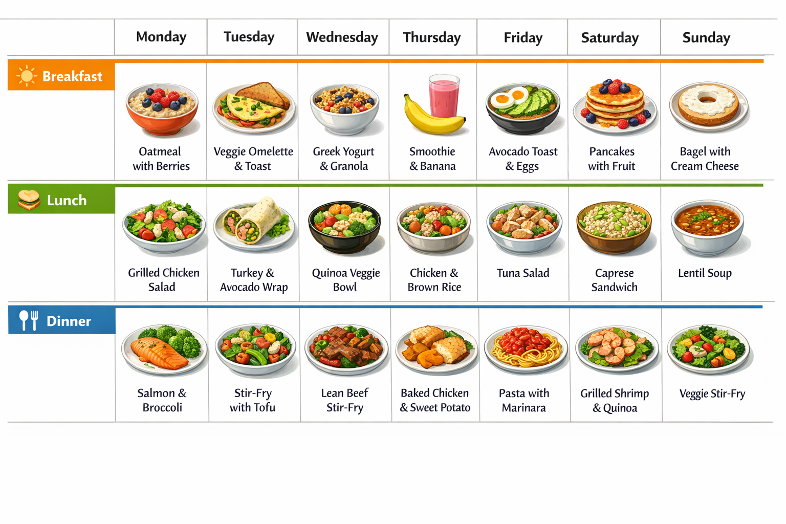 7-day meal plan visual grid: clean table-style layout with day-by-day breakfast, lunch, dinner icons and food illustrations,