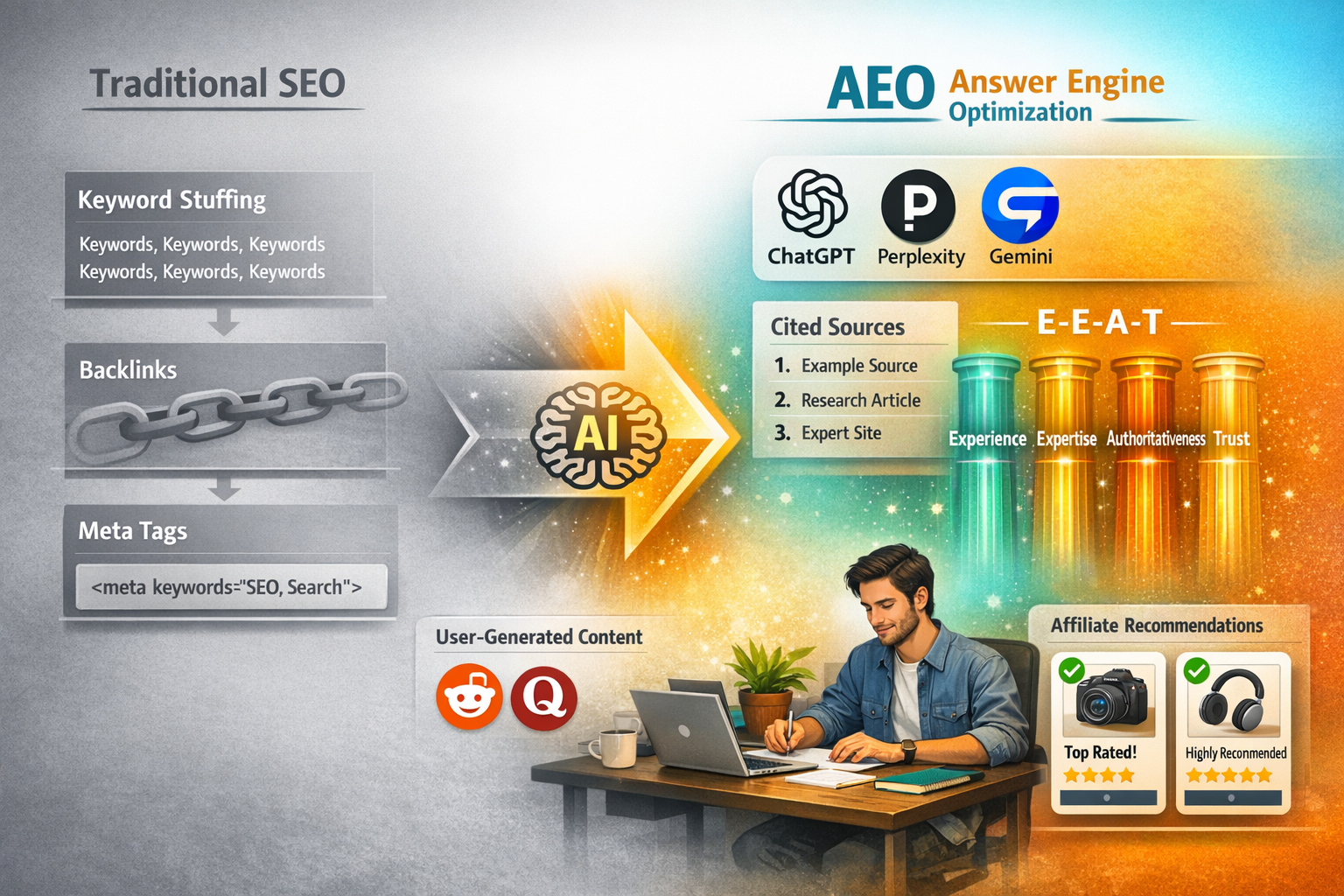 Landscape format (1536x1024) detailed infographic showing the evolution from traditional SEO to AEO (Answer Engine Optimization). Left third