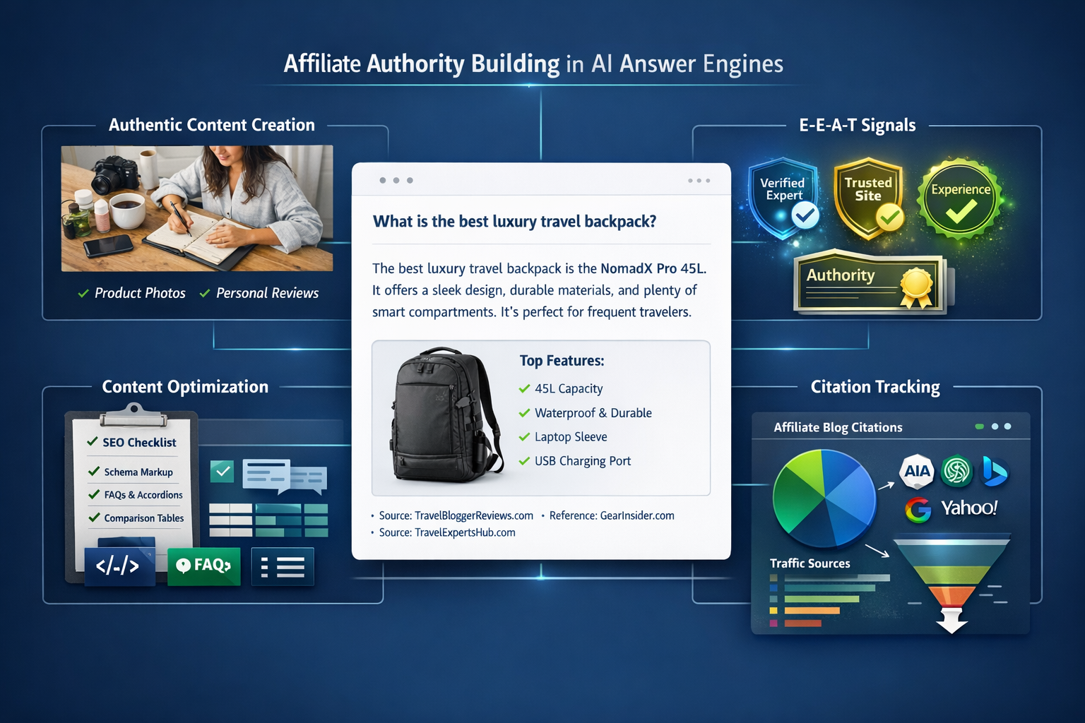 Landscape format (1536x1024) comprehensive visual guide showing affiliate authority building in AI answer engines. Center features large AI 