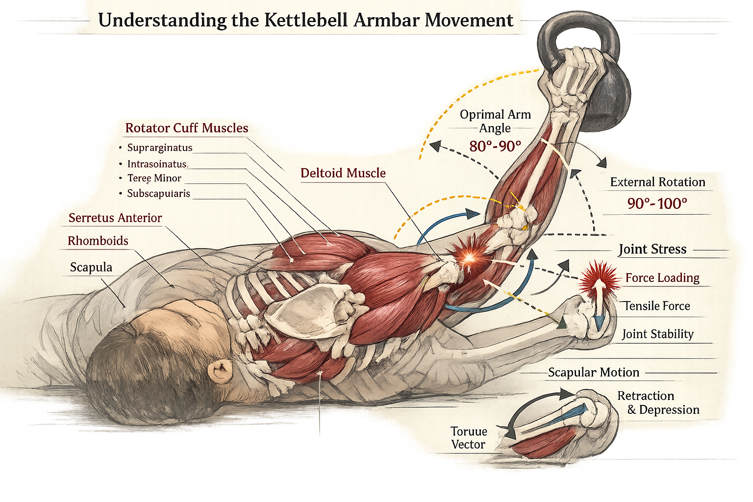 Anatomical illustration for 'Understanding the Kettlebell Armbar Movement' section with transparent musculoskeletal overlay. Demonstrates pr