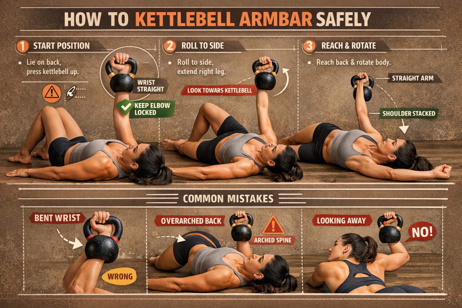 Comprehensive step-by-step instructional visual for 'How to Kettlebell Armbar Safely' section. Sequential photographic sequence showing full