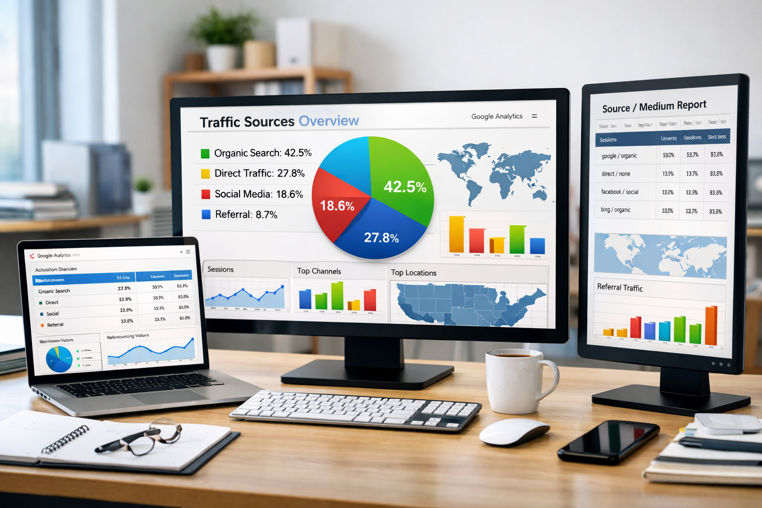 Detailed landscape format (1536x1024) showing multiple computer screens displaying Google Analytics dashboard with visitor traffic sources,