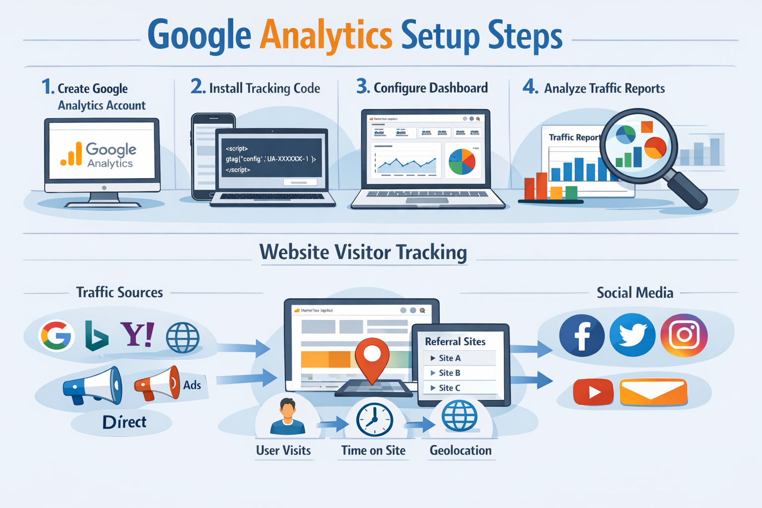 Landscape format (1536x1024) infographic displaying step-by-step Google Analytics setup process, smartphone and laptop screens showing analy