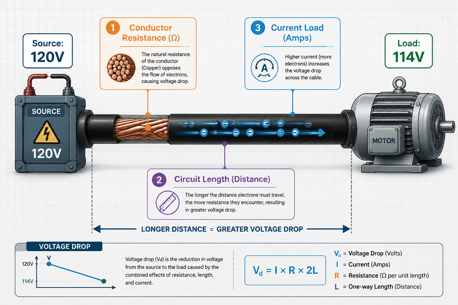 An educational, infographic-style illustration in () visually breaking down the causes of voltage drop. The image shows a