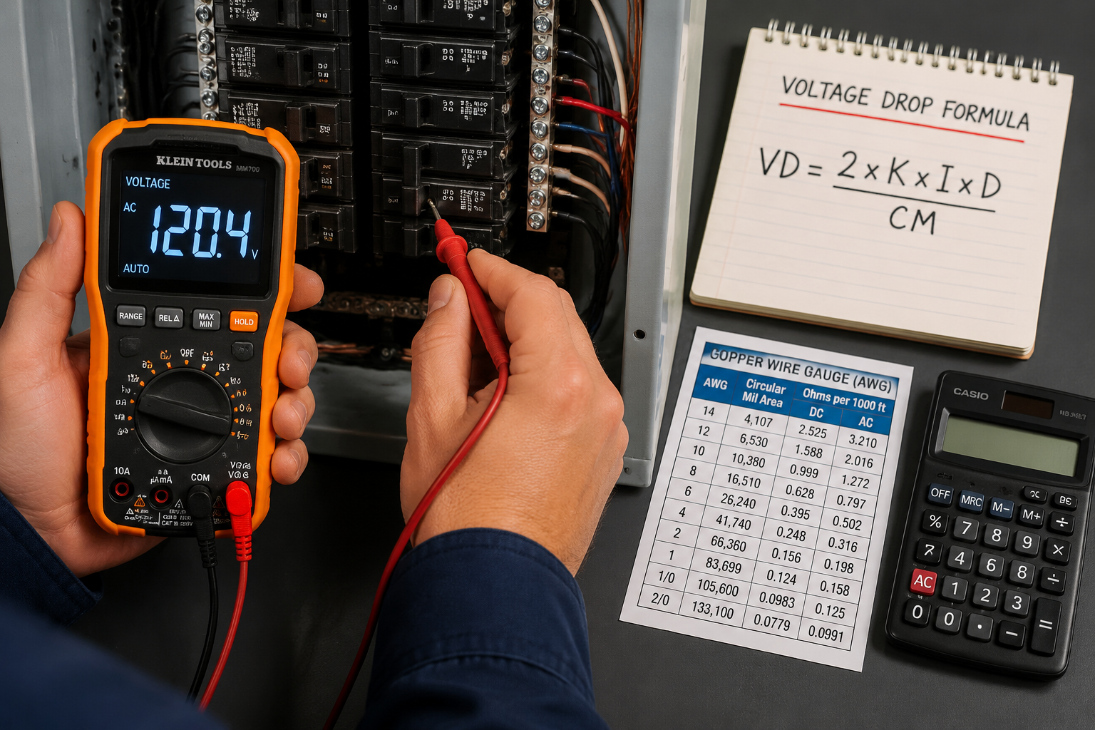 A practical, hands-on photograph in () focusing on the tools for a voltage drop calculation. The shot features an