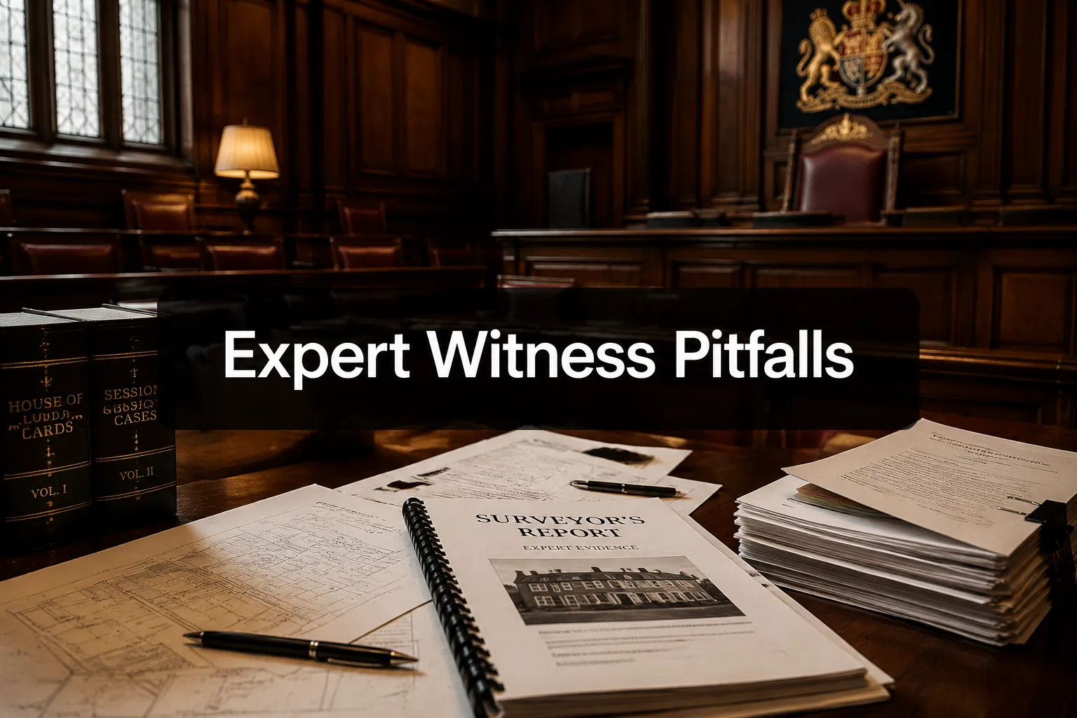 Professional () hero image with (≤42 chars): 'Expert Witness Pitfalls' in crisp white on a dark semi-transparent panel,