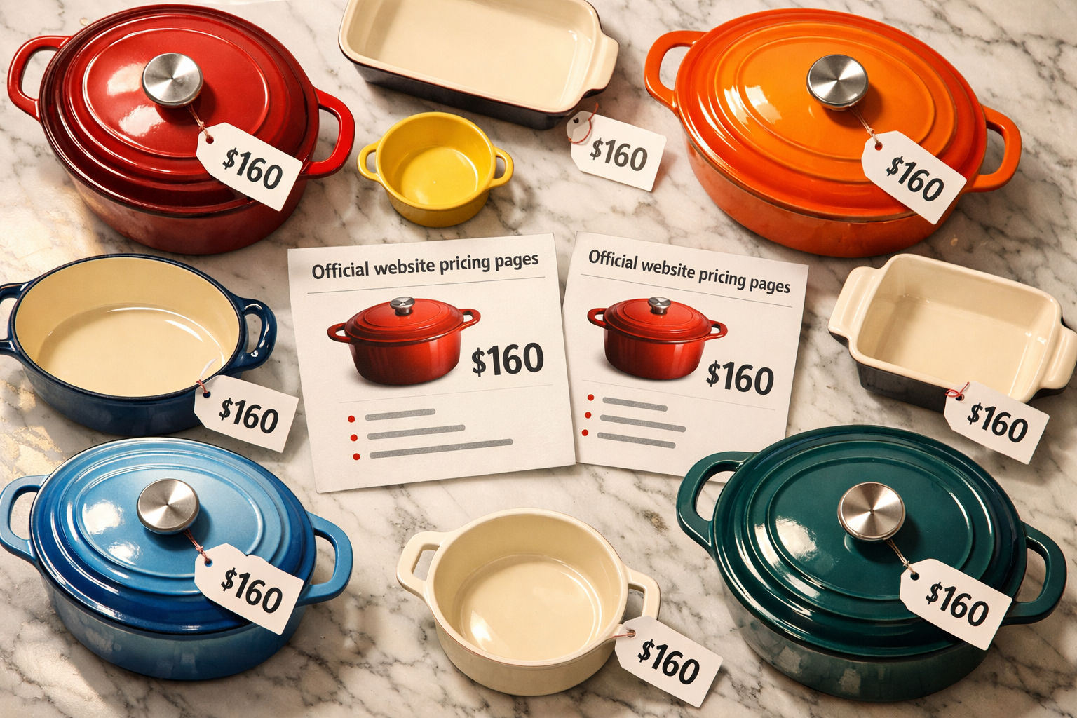 Flat lay overhead shot of multiple enamel cast iron baking dishes in various sizes and colors arranged on a marble surface, showing price tags and product comparison cards labeled 'Official website pricing pages' with $160 price point visible, warm studio lighting highlighting the glossy enamel finish