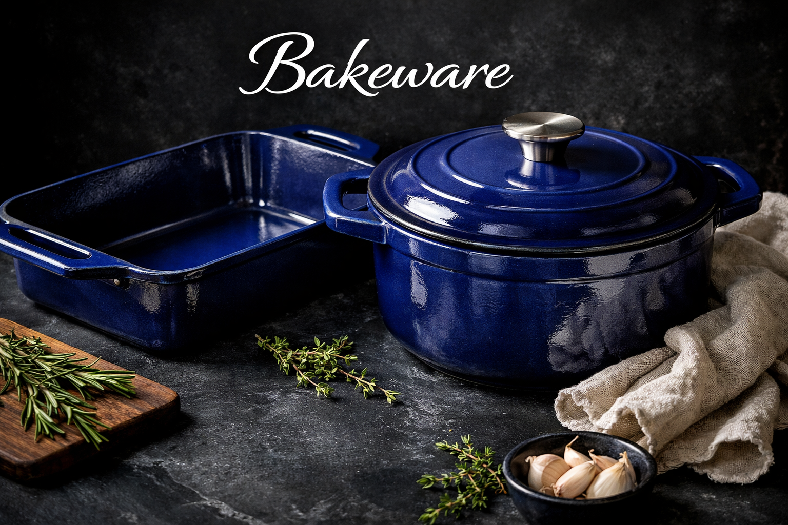 Close-up product showcase of enamel cast iron bakeware pieces including a rectangular roasting dish and round casserole in deep cobalt blue labeled 'Bakeware', styled on a dark slate surface with fresh herbs and a linen towel, dramatic side lighting emphasizing the cast iron texture and enamel sheen