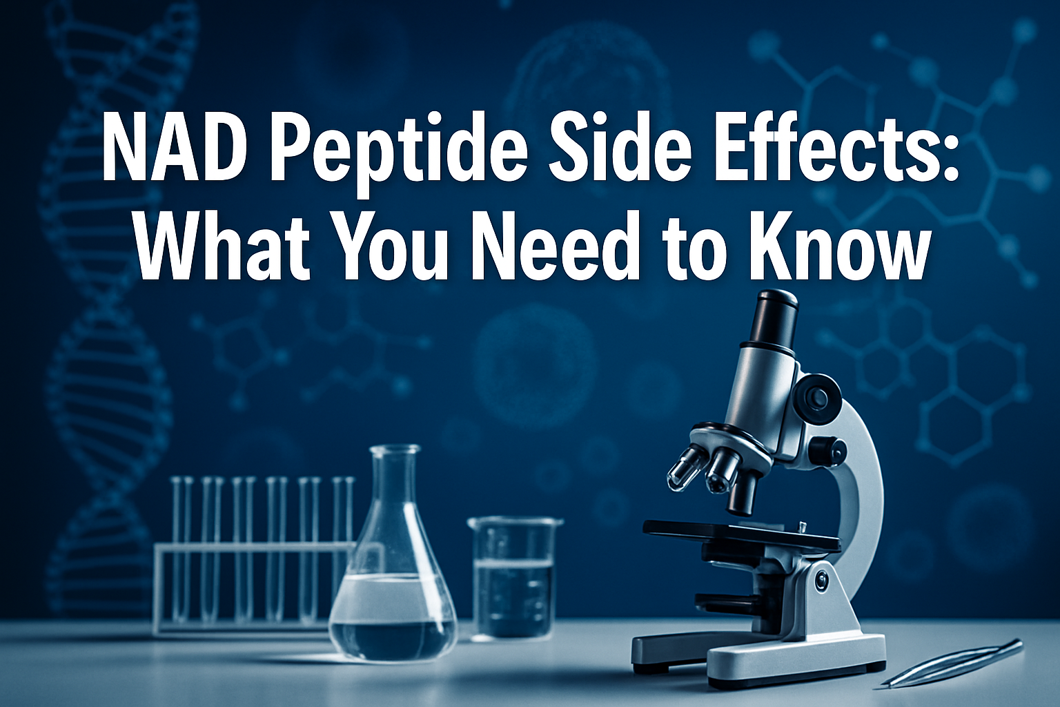 Professional landscape hero image (1536x1024) featuring bold text overlay 'NAD Peptide Side Effects: What You Need to Know' in extra large 7