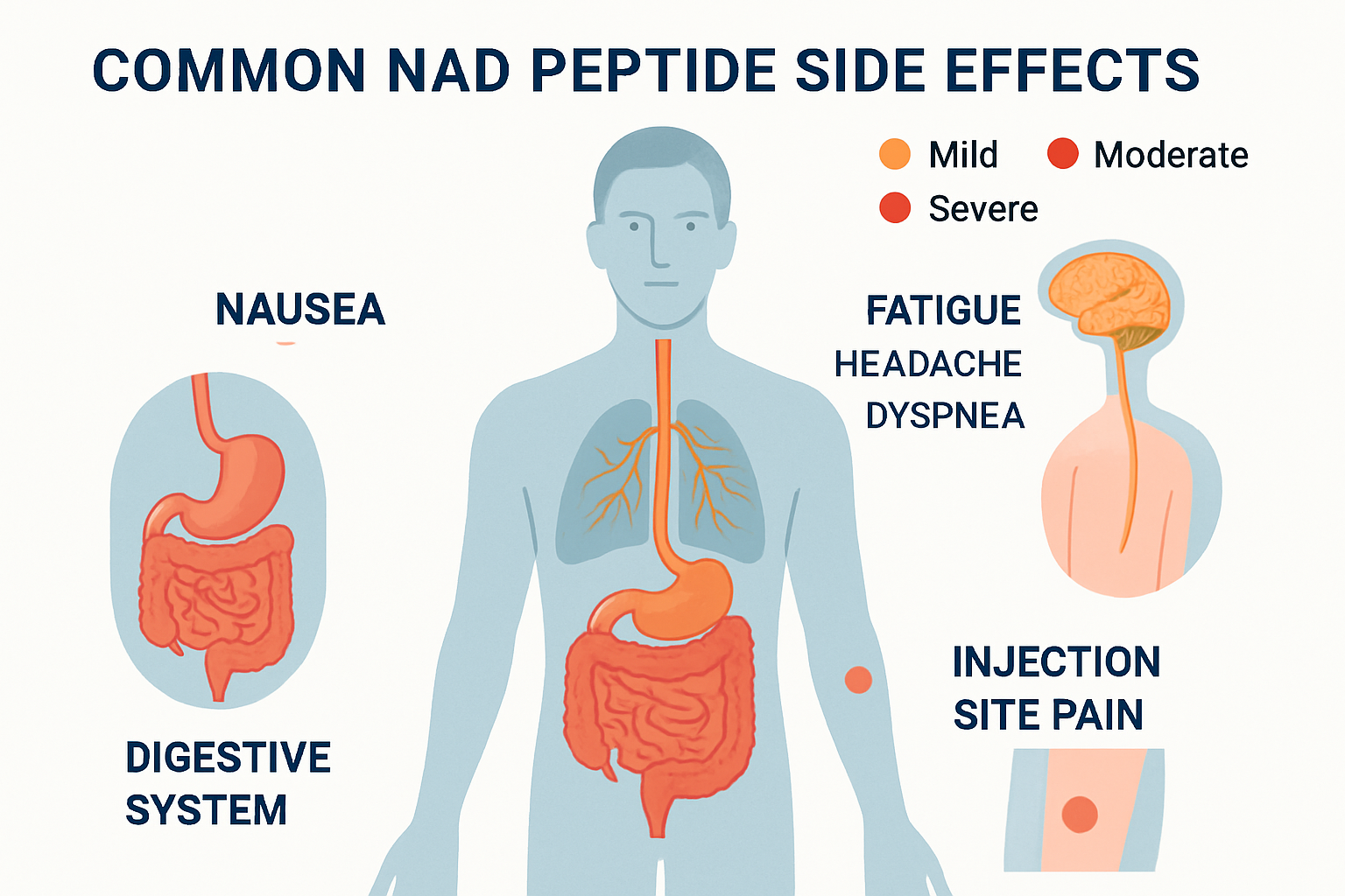 Medical infographic showing common NAD peptide side effects with human silhouette diagram highlighting affected body systems, color-coded se