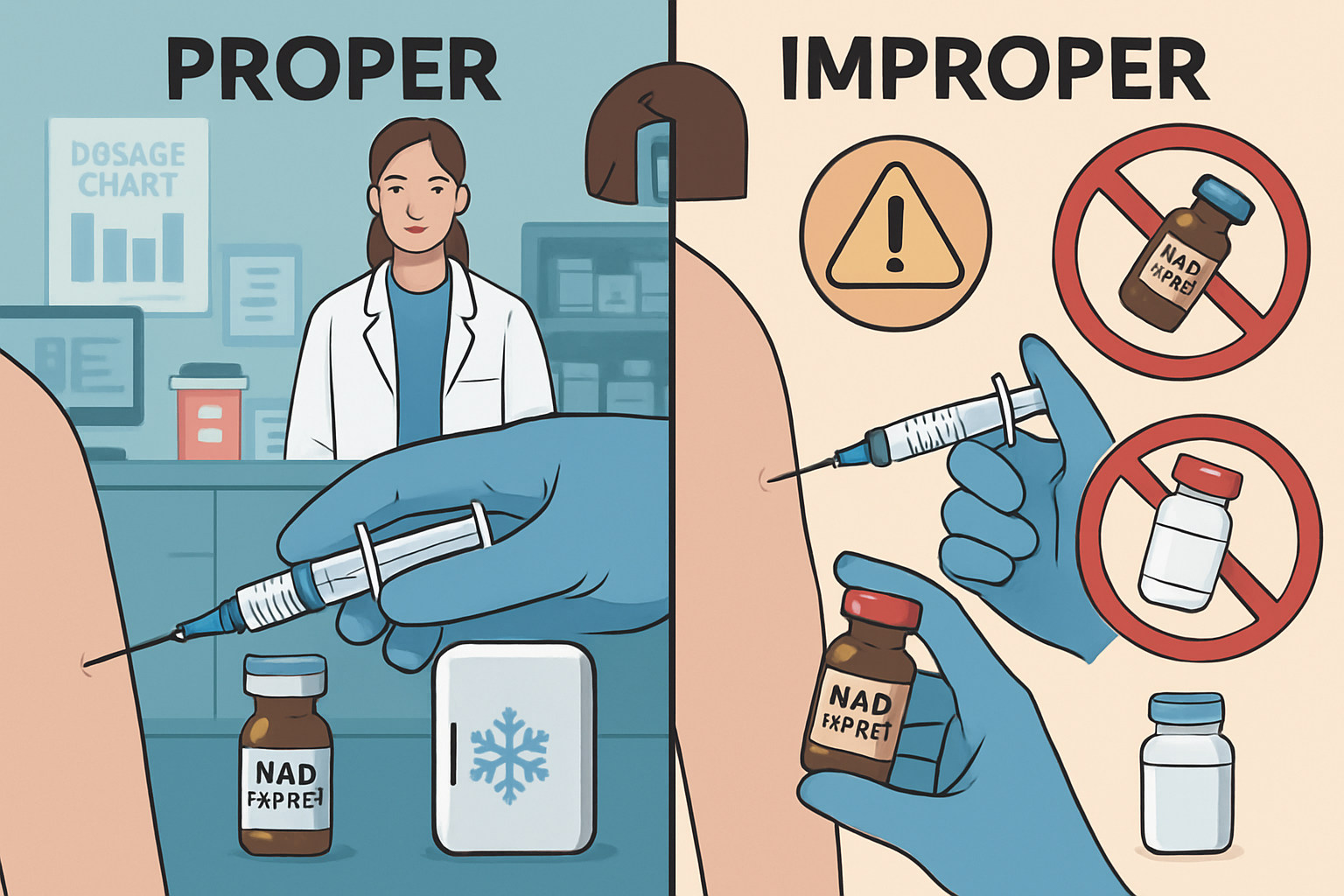 Split-screen comparison image showing proper NAD peptide administration on left (clean injection technique, medical supervision, proper stor