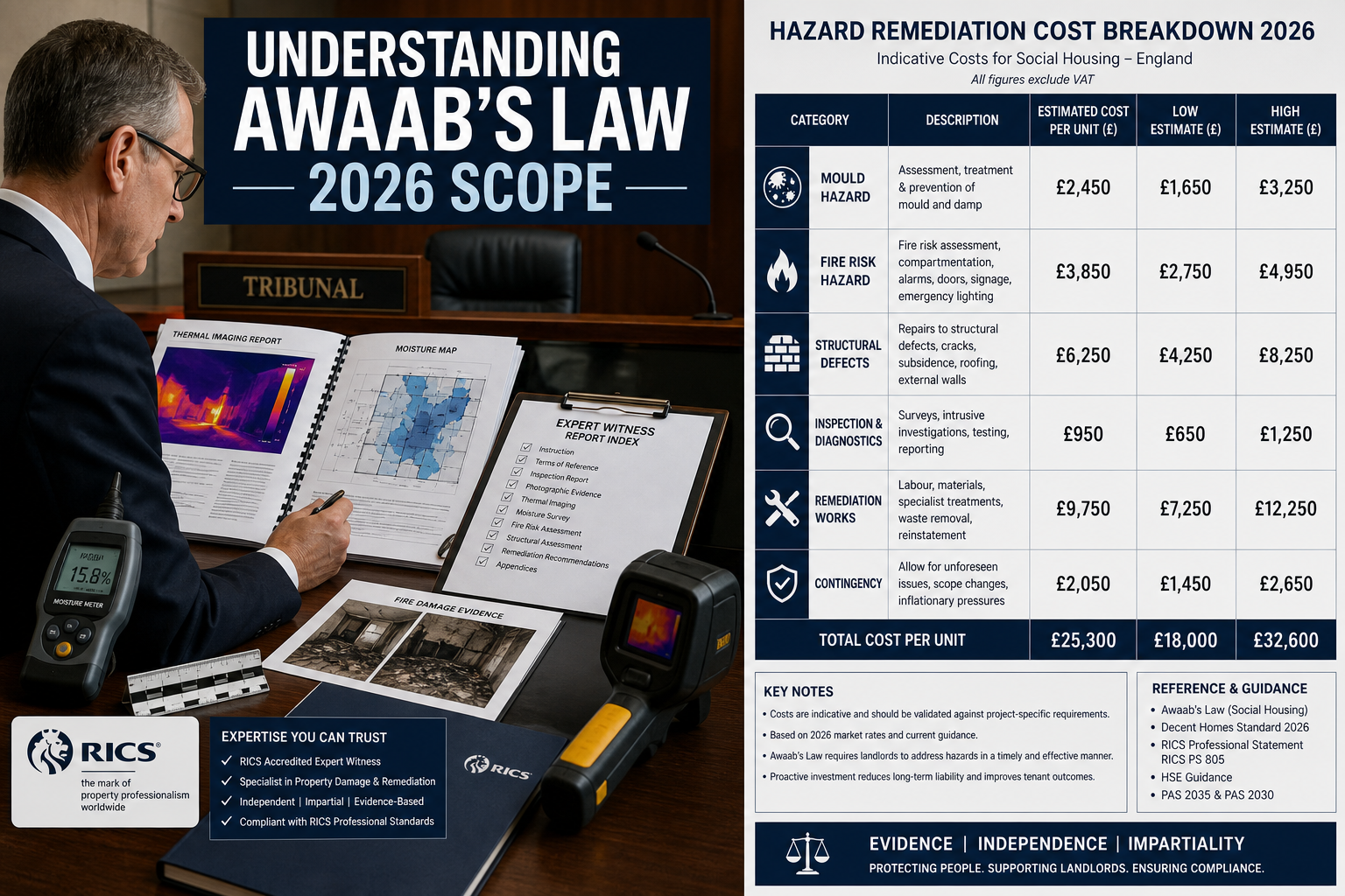 () editorial illustration showing a split-scene composition: left side depicts a RICS-accredited expert witness at a