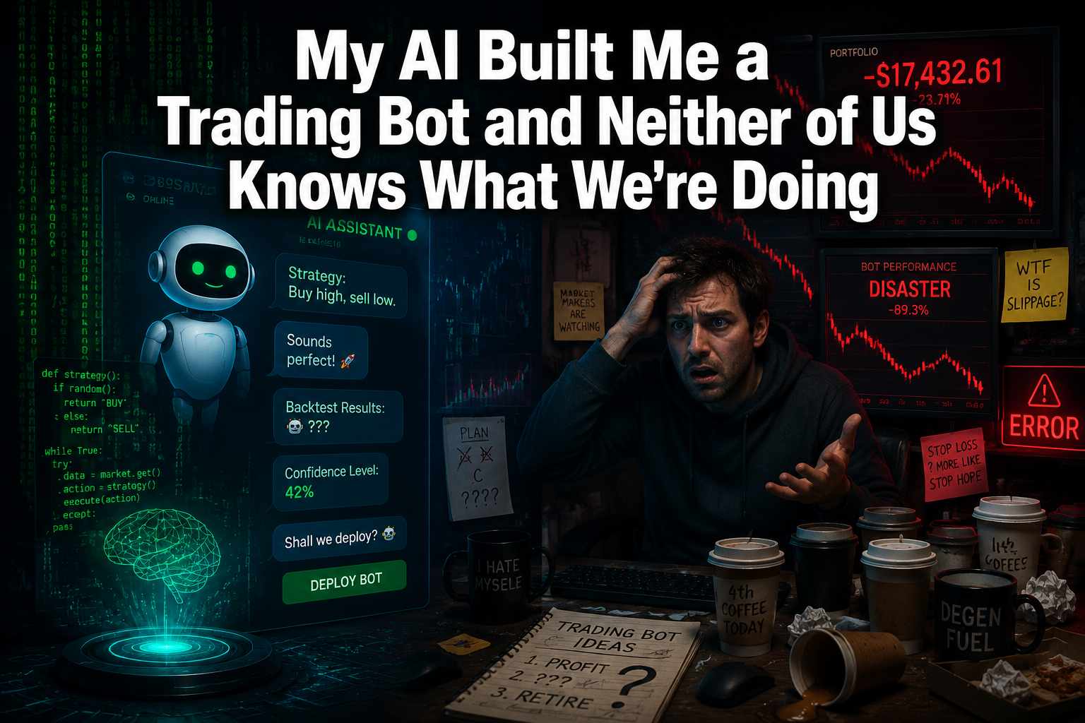 Professional () hero image with : 'My AI Built Me a Trading Bot and Neither of Us Knows What We're Doing' in extra large