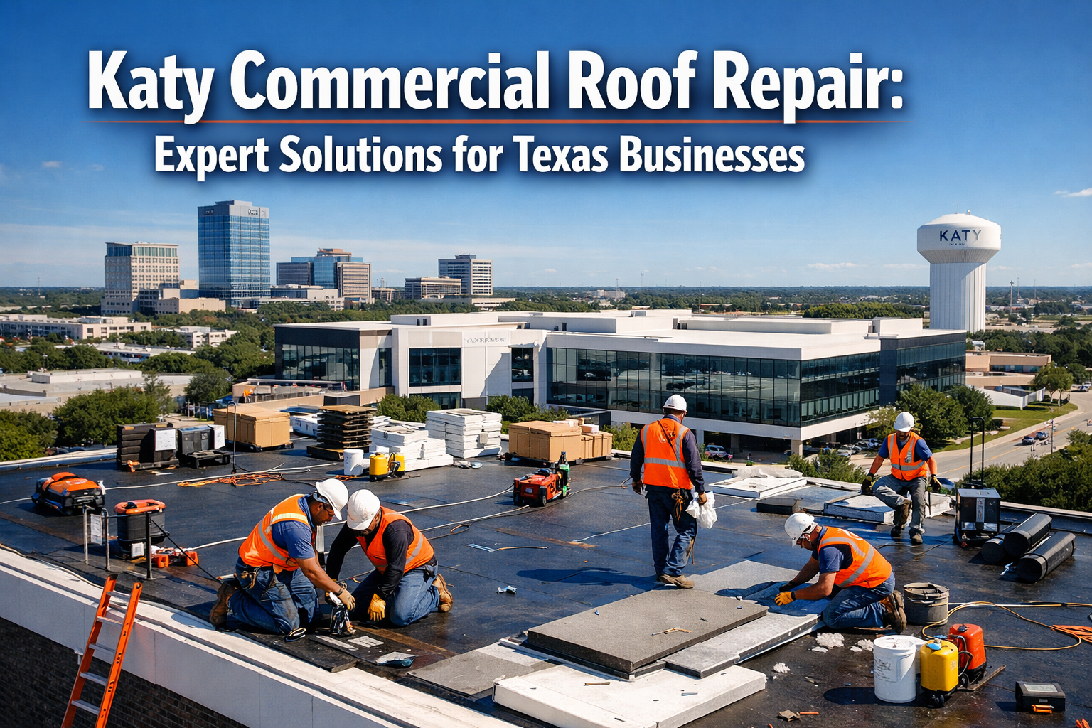Professional landscape hero image (1536x1024) featuring bold text overlay 'Katy Commercial Roof Repair: Expert Solutions for Texas Businesse