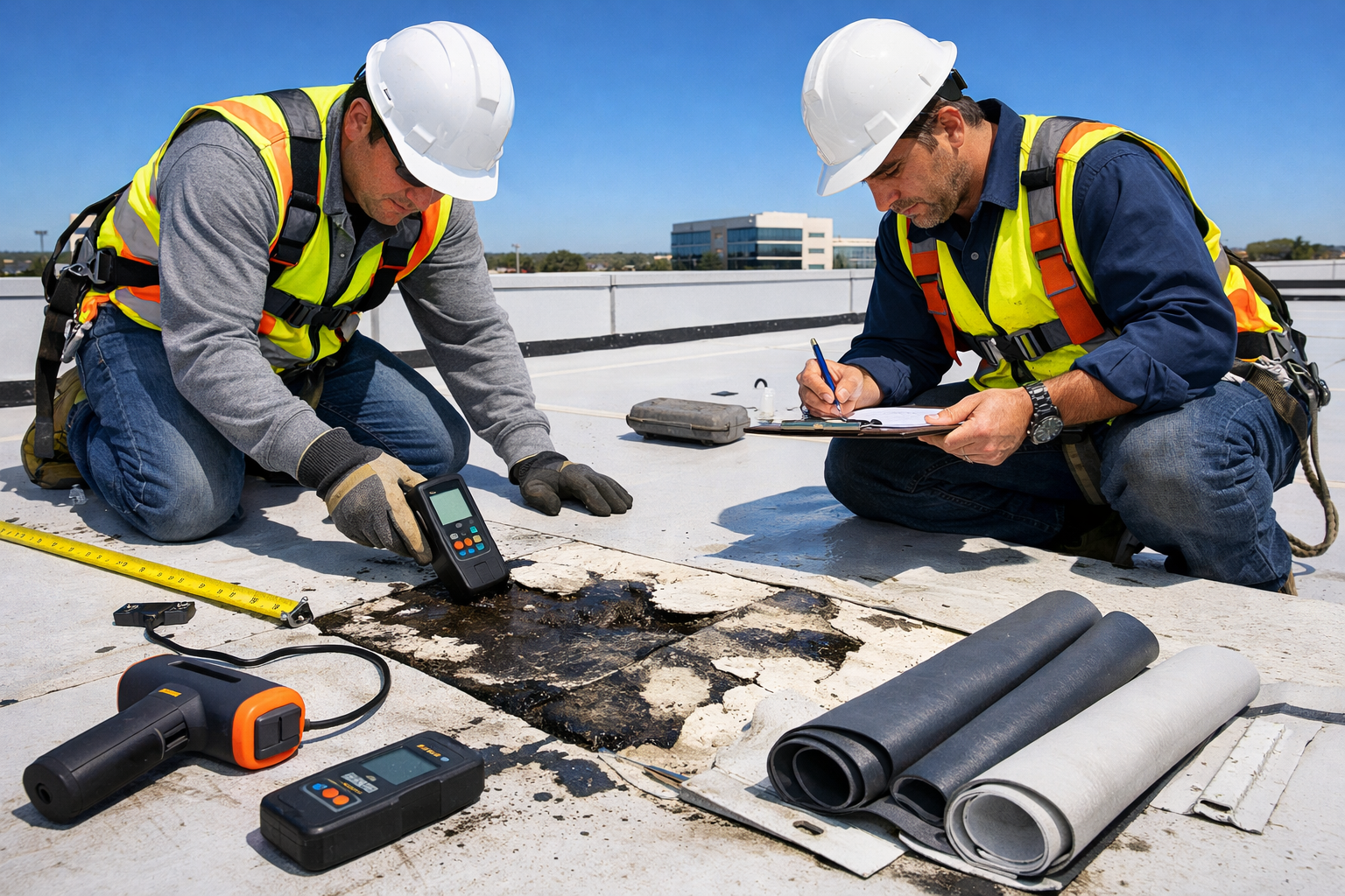Commercial roofing professionals inspecting large flat roof on modern office building in Katy Texas, showing detailed close-up of roofing ma