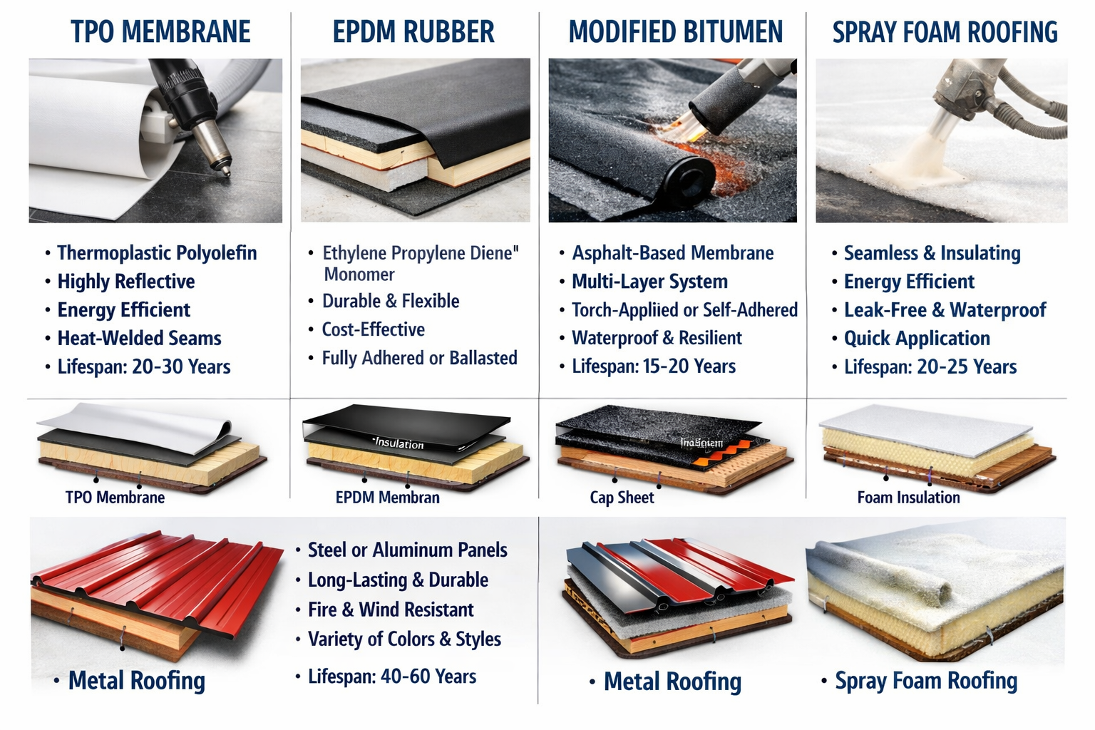 Split-screen comparison showing various commercial roofing materials and systems - TPO membrane, EPDM rubber, modified bitumen, metal roofin