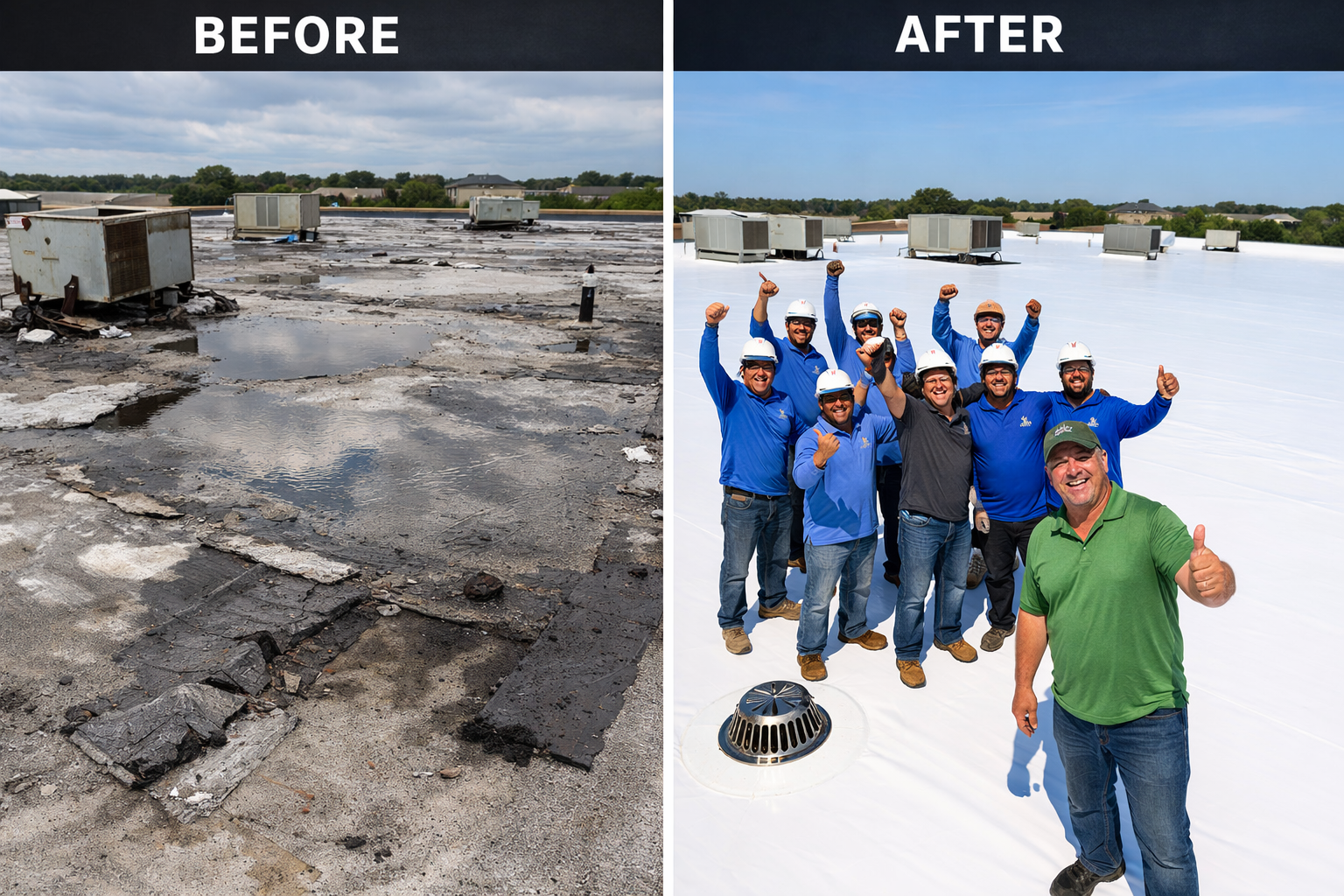 Before and after transformation of commercial roof repair project in Katy area, showing damaged roof with leaks, ponding water, and deterior