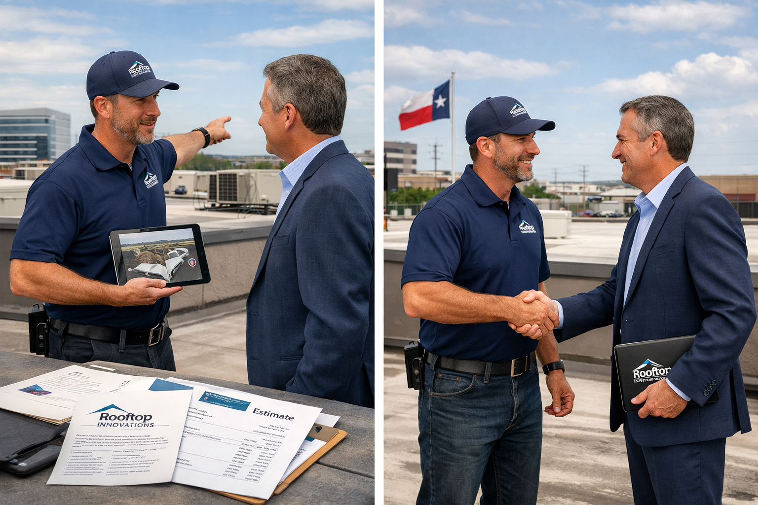 Professional roofing contractor consultation scene showing expert explaining roof inspection findings to business owner, using tablet and po