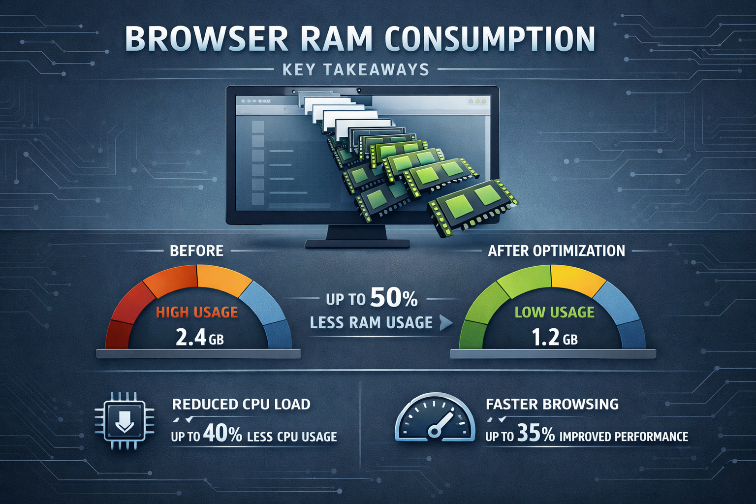 Key takeaways infographic visualizing browser RAM consumption, featuring a stylized computer screen with cascading browser tabs transforming