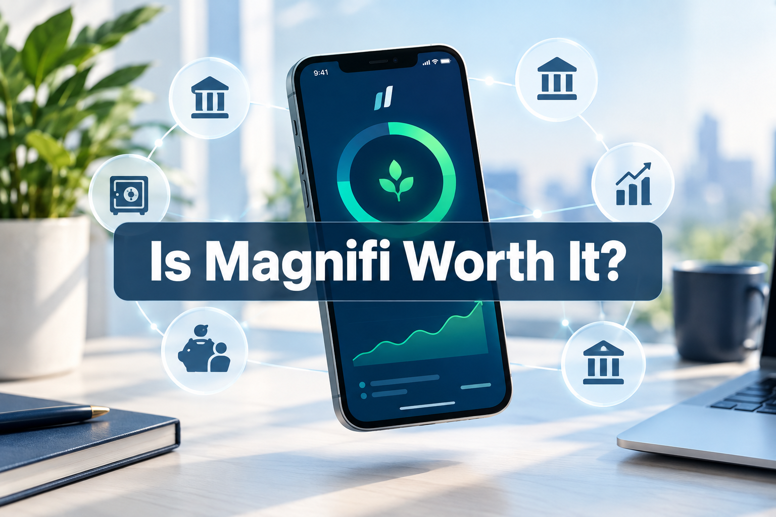 Professional () hero image with (≤42 chars): 'Is Magnifi Worth It?', centered, white text on a semi-transparent navy panel,