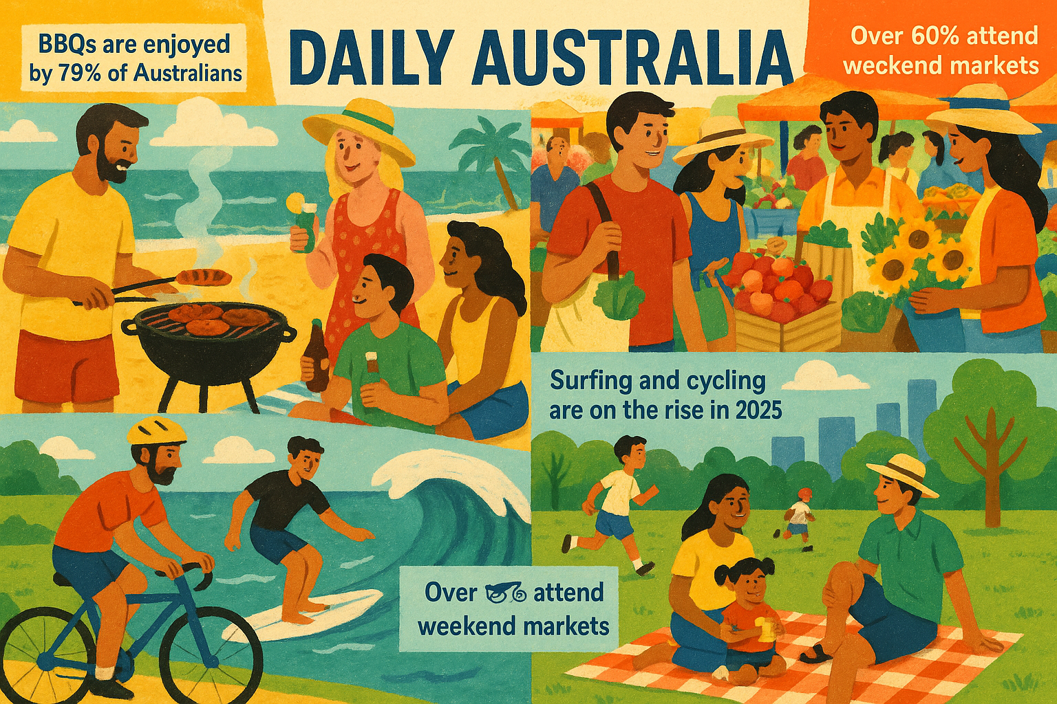 A vibrant and dynamic collage image (1536x1024) showcasing the diverse cultural and recreational aspects that shape 'daily australia', depic