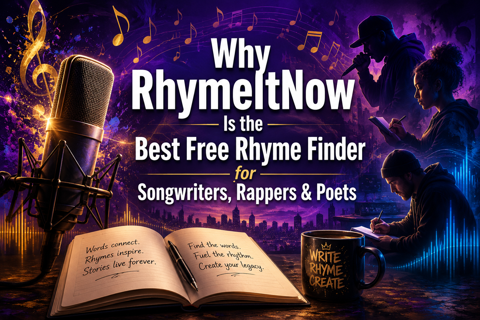 Professional () hero image with : 'Why RhymeItNow Is the Best Free Rhyme Finder for Songwriters, Rappers & Poets', centered,