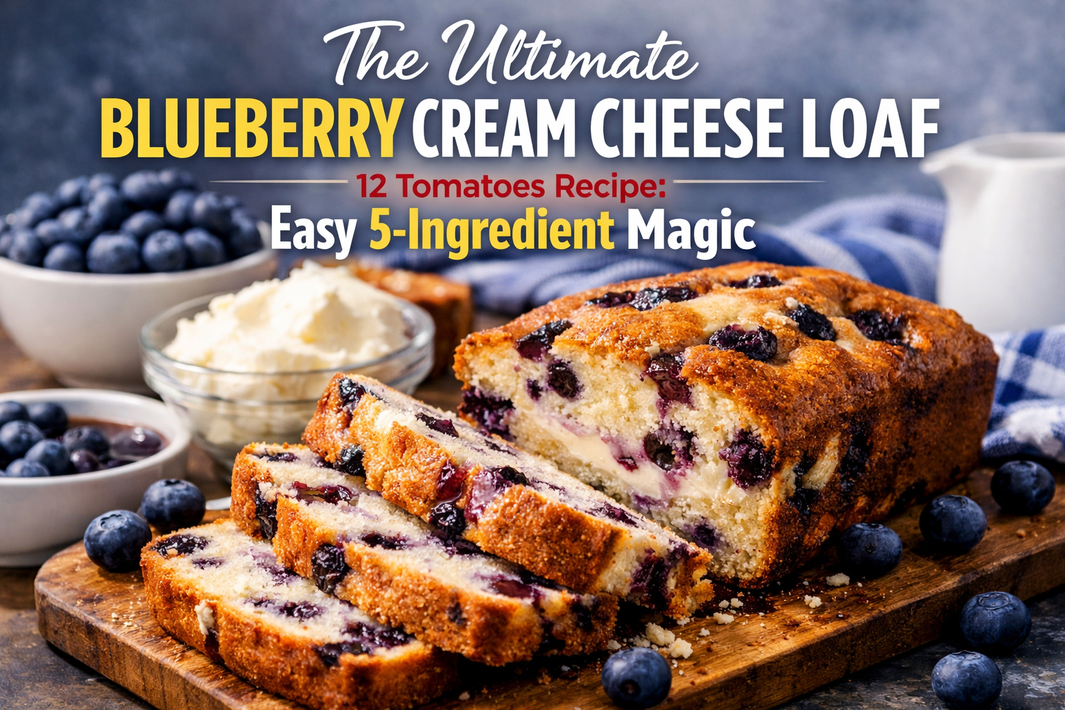 Professional landscape hero image (1536x1024) with bold text overlay: "The Ultimate Blueberry Cream Cheese Loaf 12 Tomatoes Recipe: Easy 5-I