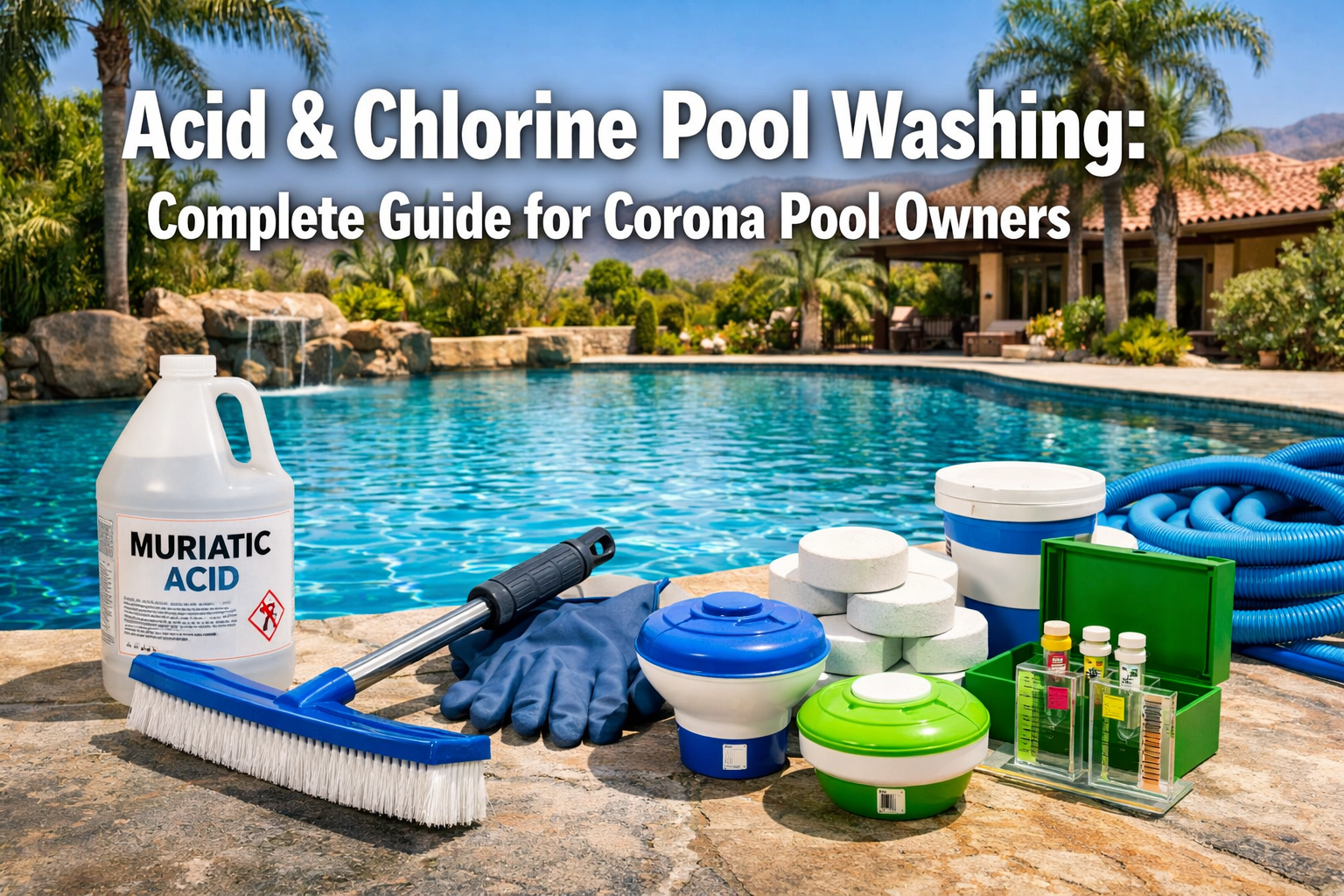 Professional landscape hero image (1536x1024) featuring bold text overlay 'Acid & Chlorine Pool Washing: Complete Guide for Corona Pool Owne