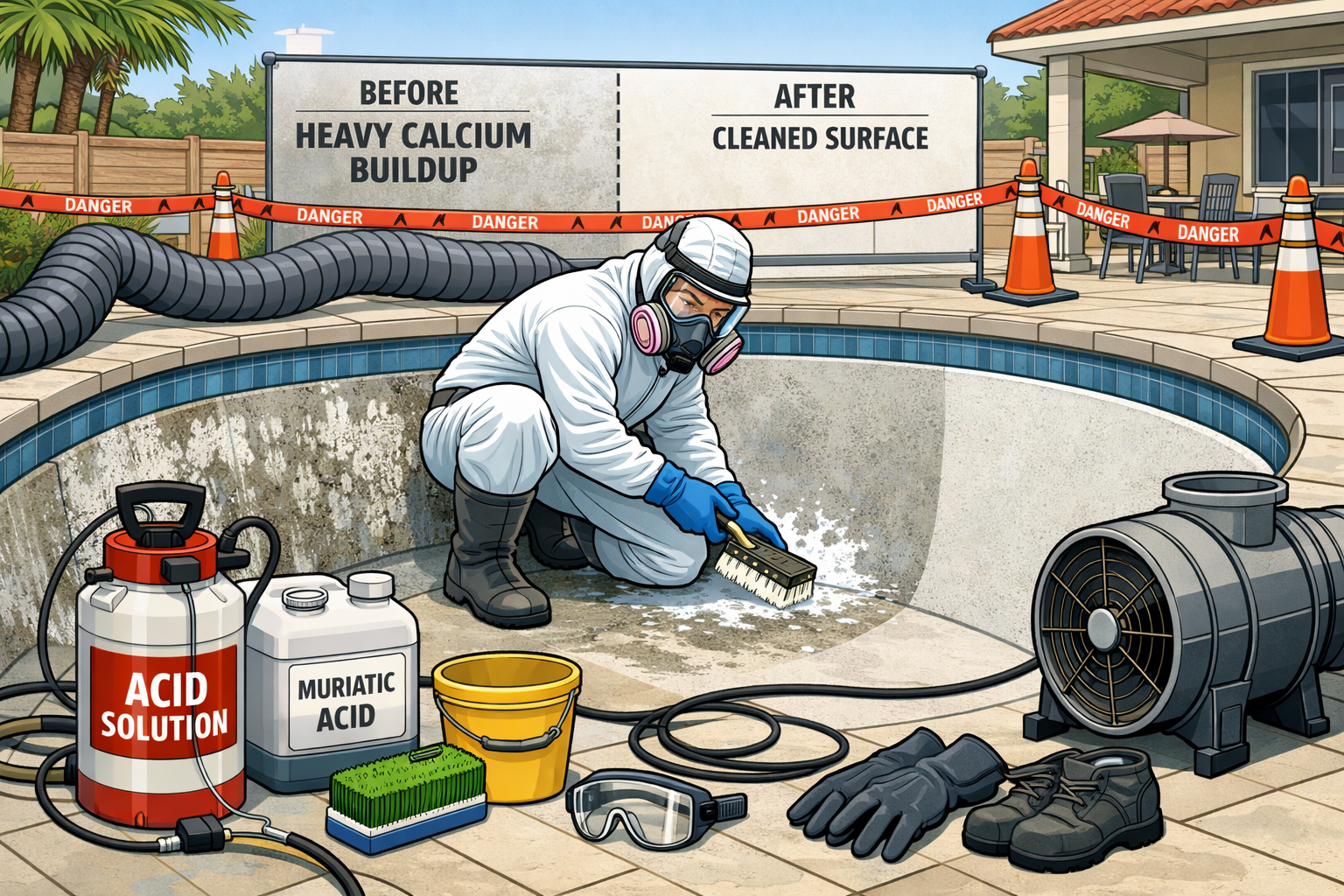 Detailed landscape image (1536x1024) showing professional pool technician in safety gear performing acid washing on concrete pool surface, w