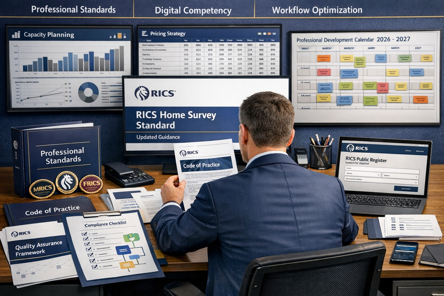 Detailed landscape format (1536x1024) professional training and preparation scene showing RICS chartered surveyor in modern office environme