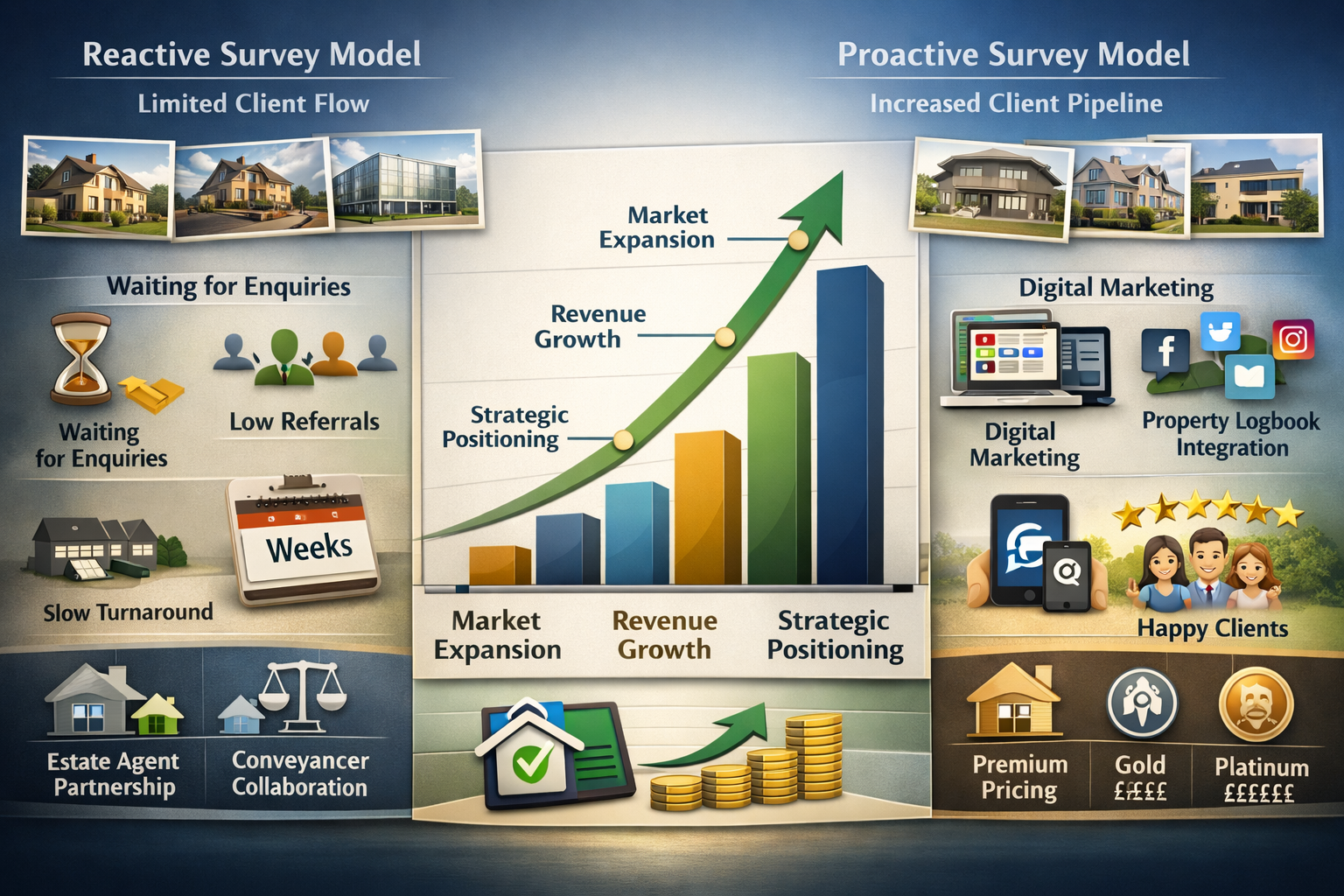 Detailed landscape format (1536x1024) business opportunity visualization showing surveying practice growth potential through reform implemen