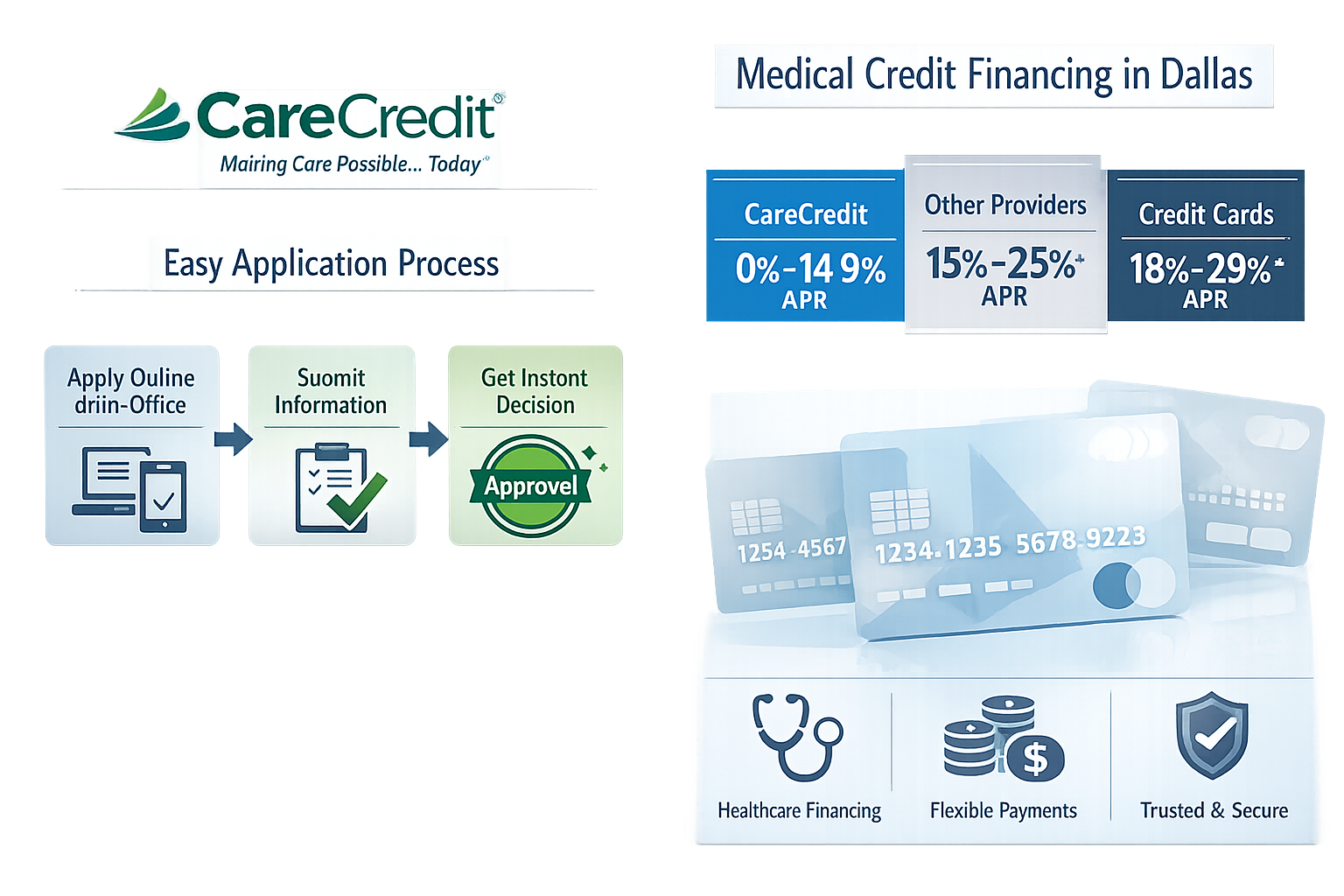 Split-screen financial visualization highlighting third-party dental financing options in Dallas, left side showing CareCredit logo and appl