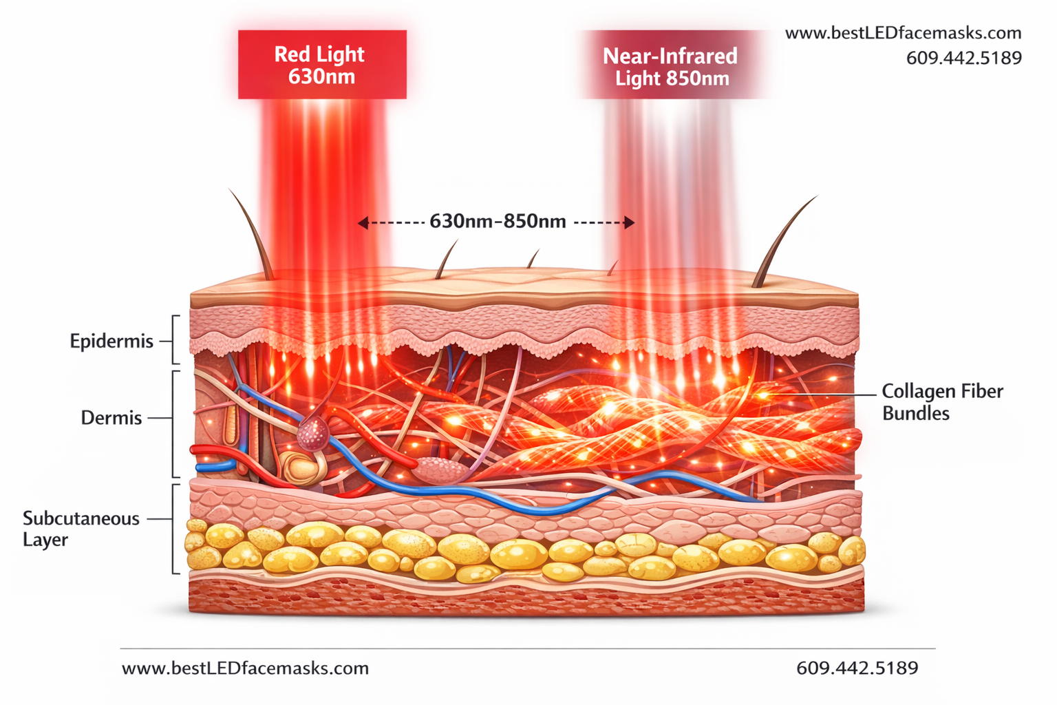 Detailed () scientific illustration showing cross-section diagram of human skin layers with red and near-infrared light