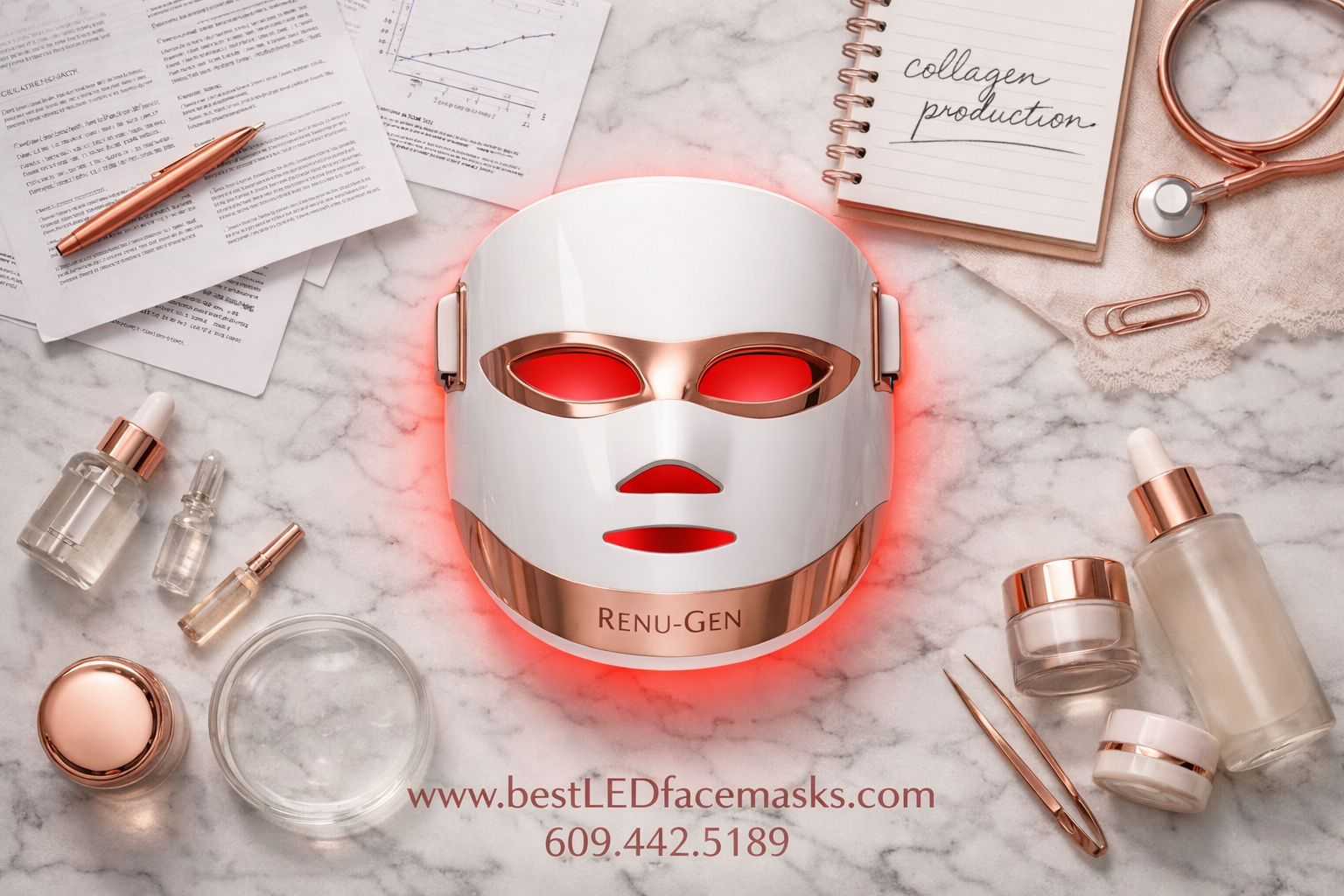 () flat-lay product comparison image showing the Renu-Gen LED face mask prominently centered on a white marble surface