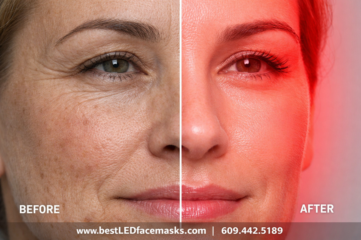 () before-and-after style split composition showing close-up facial skin texture transformation, left side showing fine