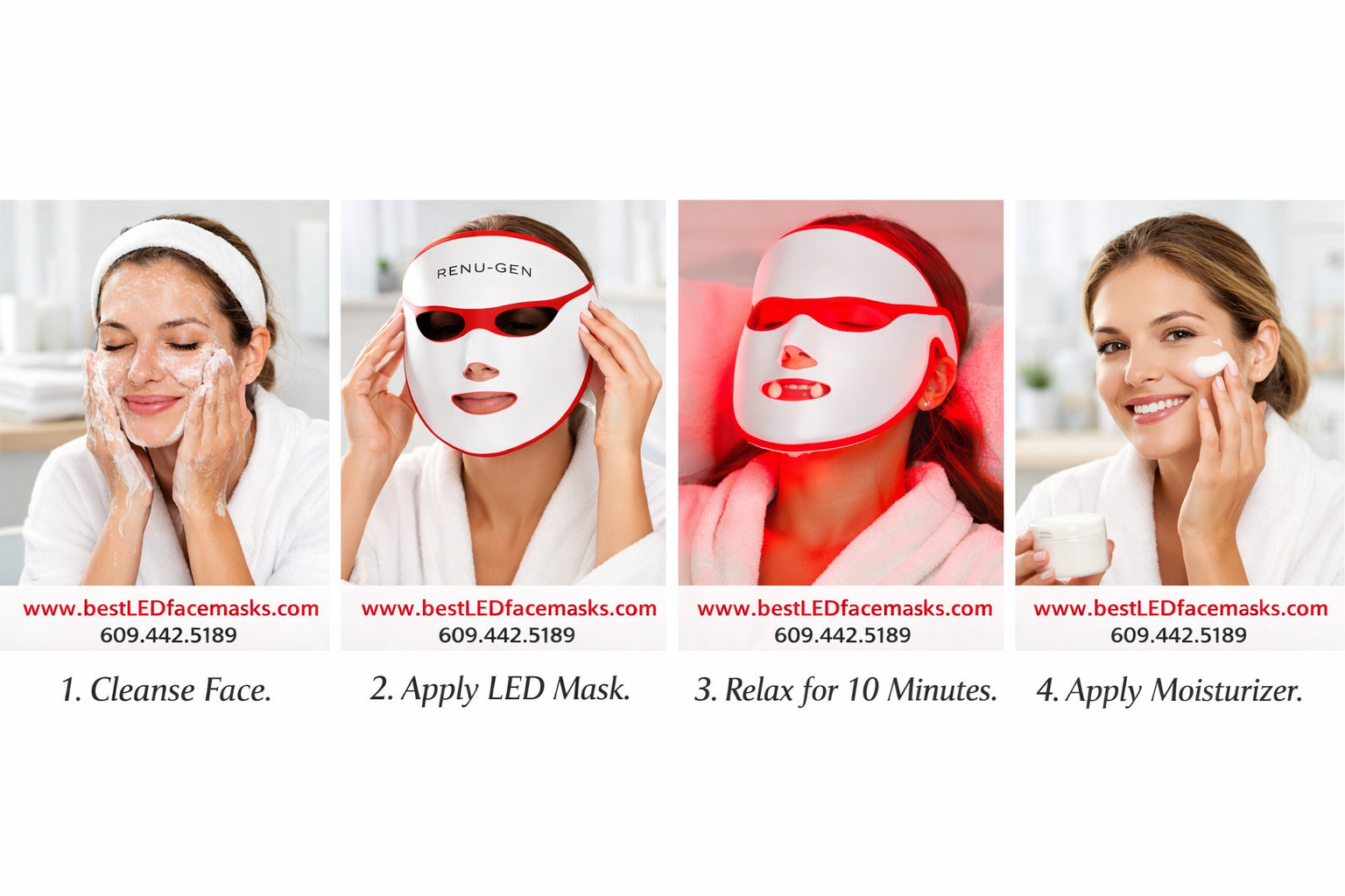 () step-by-step instructional visual showing a woman's skincare routine with the Renu-Gen LED face mask, four sequential