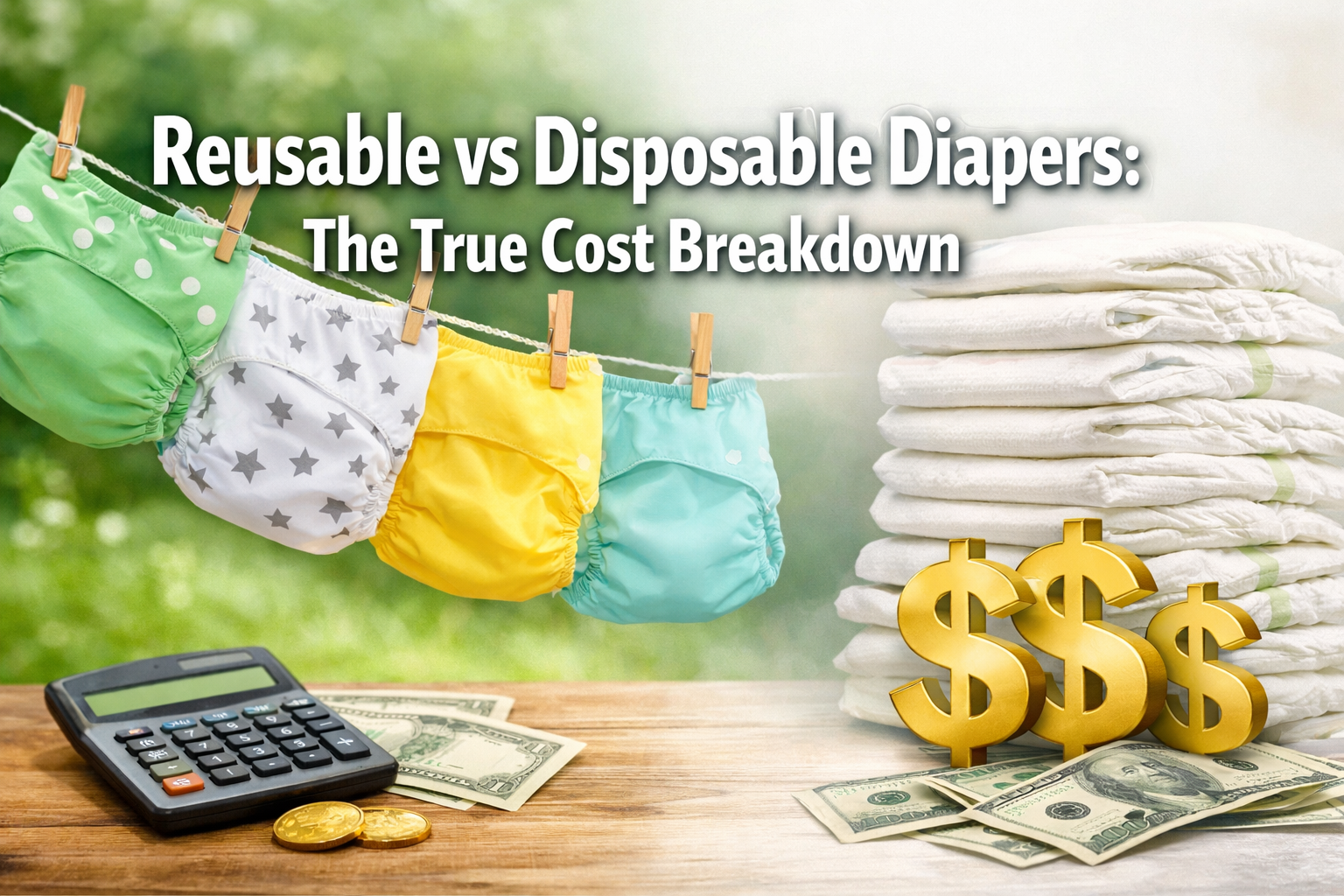 Professional landscape hero image (1536x1024) featuring bold text overlay 'Reusable vs Disposable Diapers: The True Cost Breakdown' in extra
