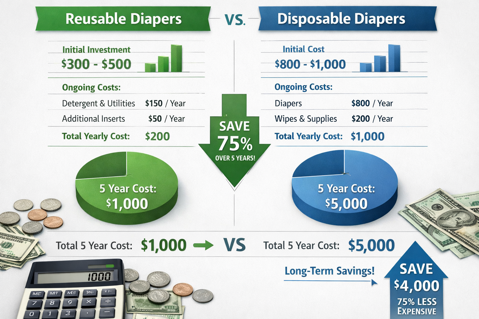 Detailed cost comparison infographic showing two columns - reusable diapers vs disposable diapers with dollar amounts, calculator, coins, an