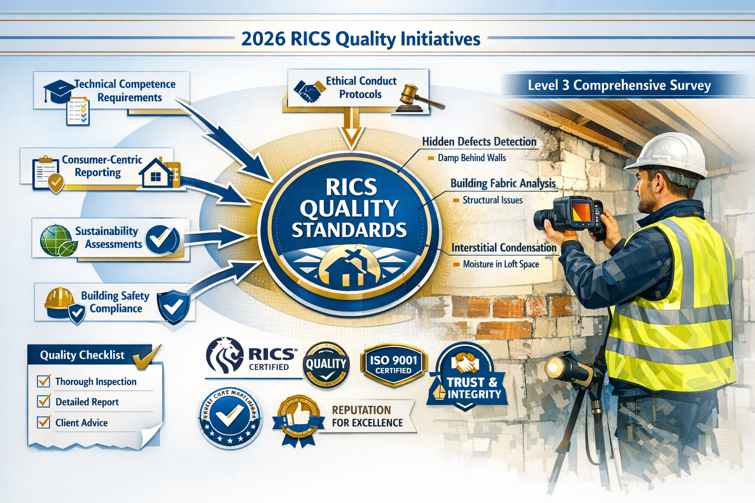 Detailed landscape format (1536x1024) workflow diagram illustrating surveyor practice transformation under 2026 RICS quality initiatives. Ce