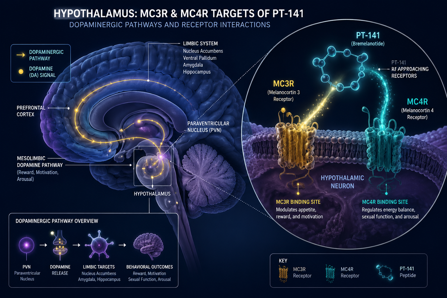 Detailed () scientific diagram illustration showing a cross-sectional view of the human brain hypothalamus with labeled MC3R