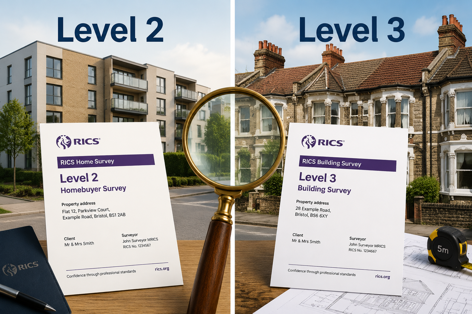 Detailed landscape image () showing a split-screen visual: on the left, a RICS Level 2 Homebuyer Survey report document with