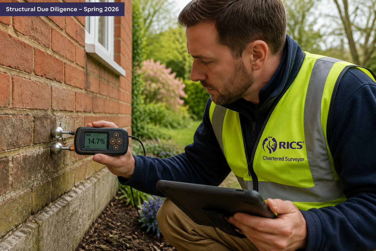 Close-up landscape image () of a RICS chartered surveyor crouching near a brick wall foundation, using a damp meter probe on