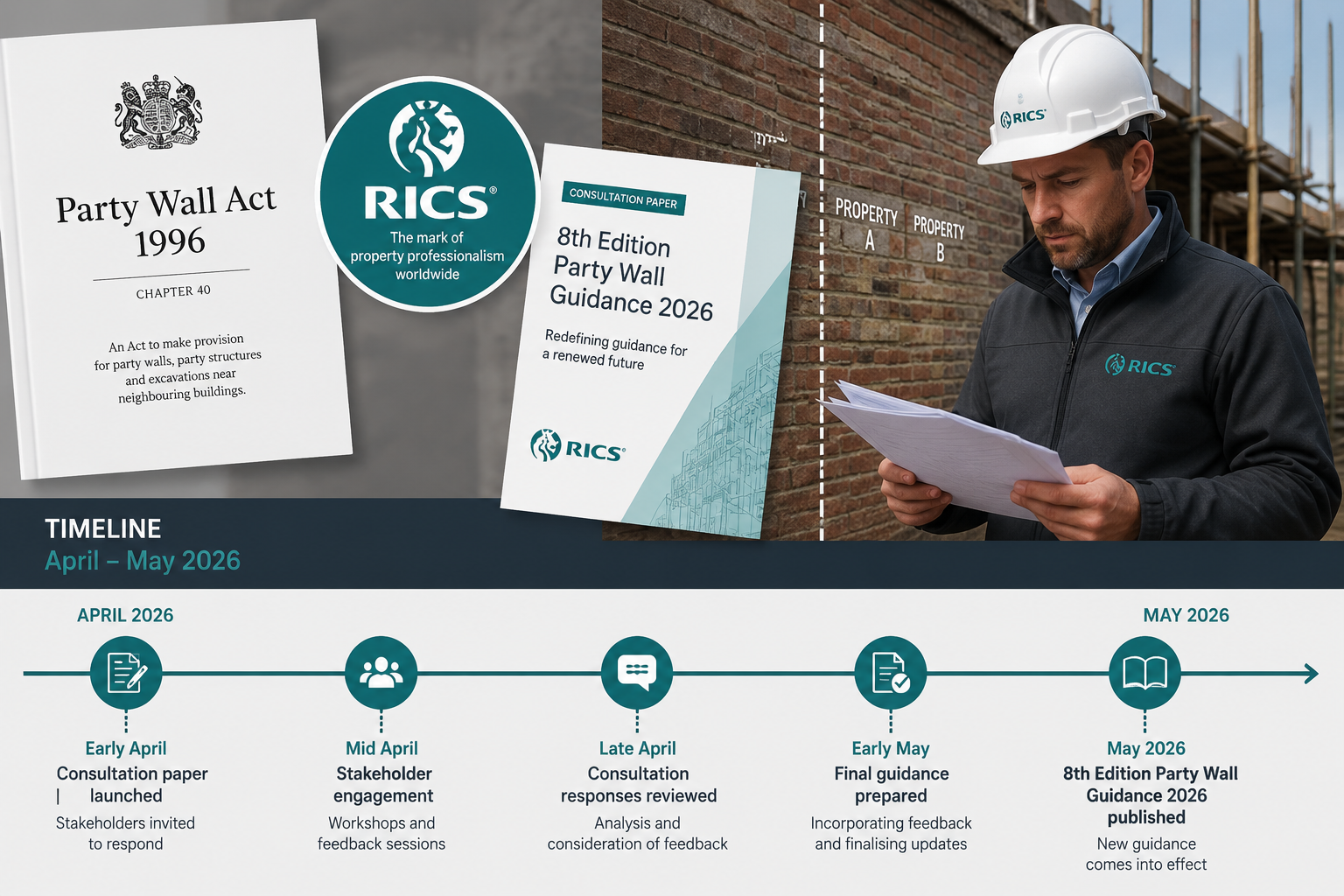 () editorial infographic-style image showing the Party Wall Act 1996 document alongside an RICS logo badge, a consultation