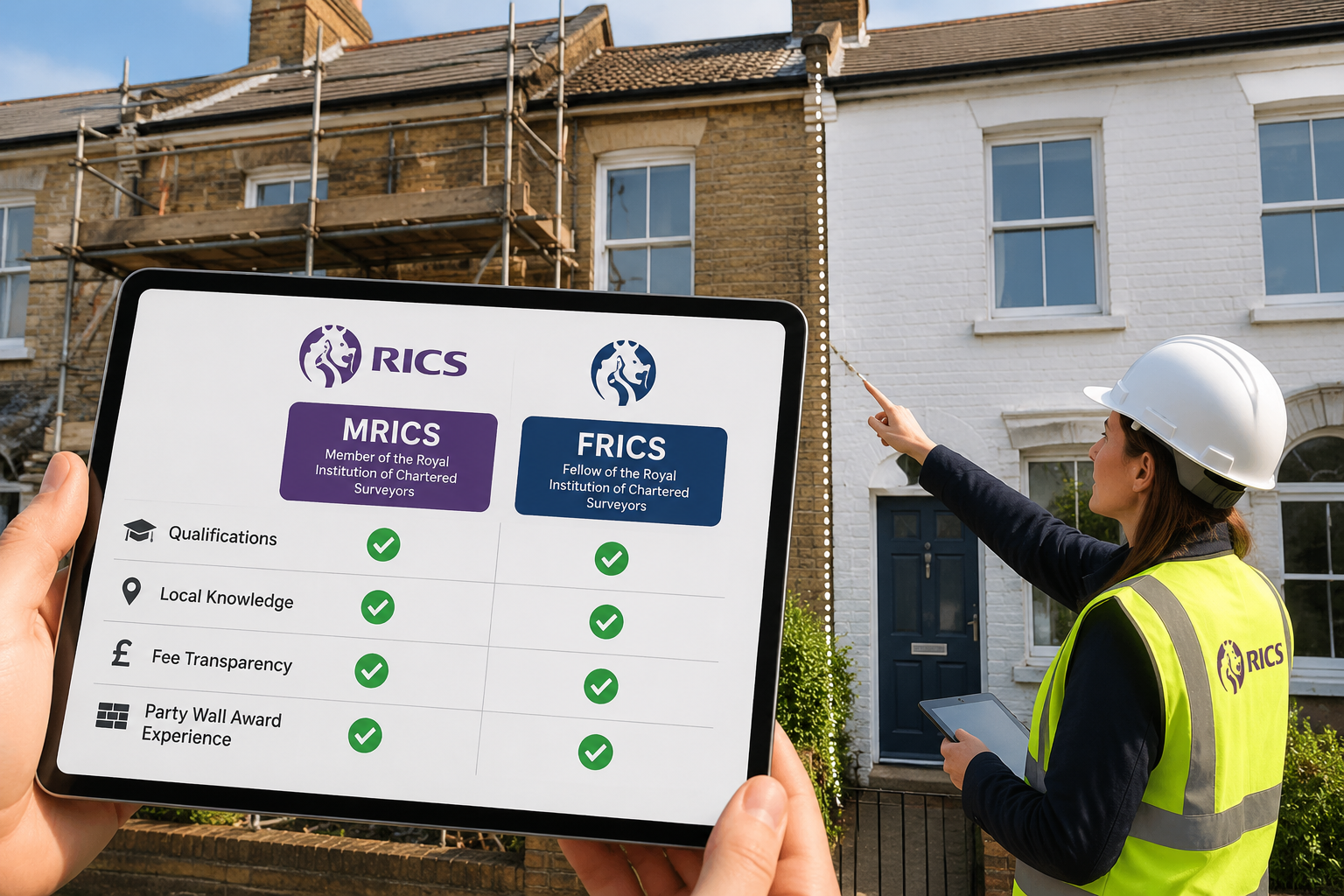 () image showing a professional comparison table or checklist on a modern tablet screen, with MRICS and FRICS credential