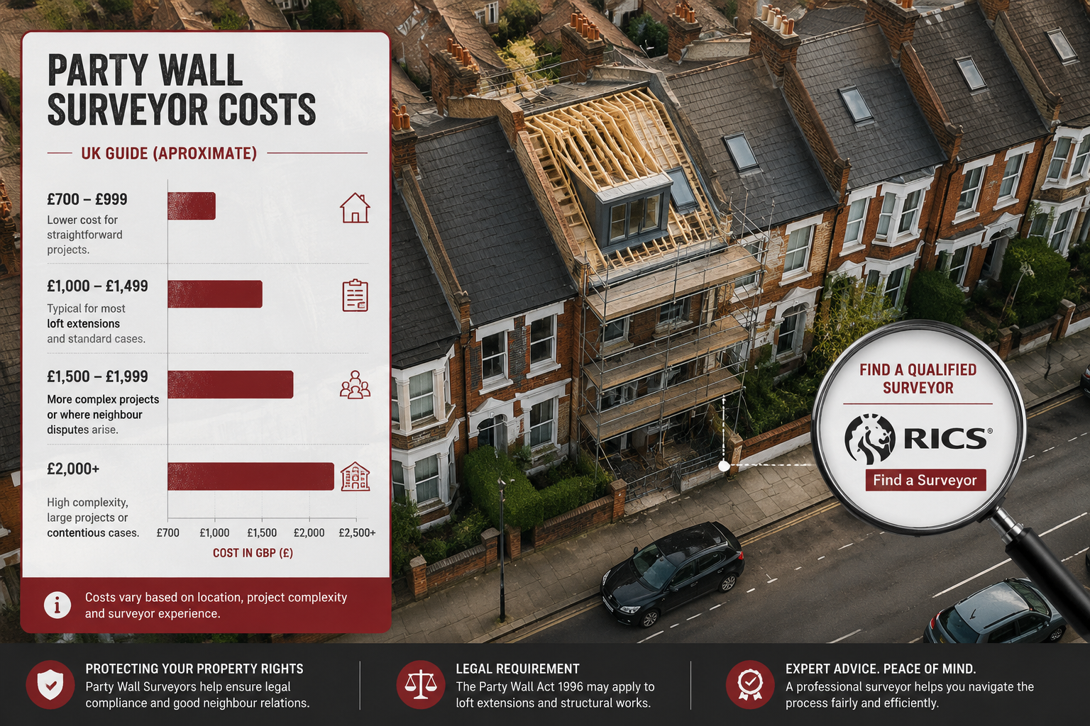 () overhead bird's-eye view of a UK street of terraced Victorian houses, with one property undergoing a loft extension.