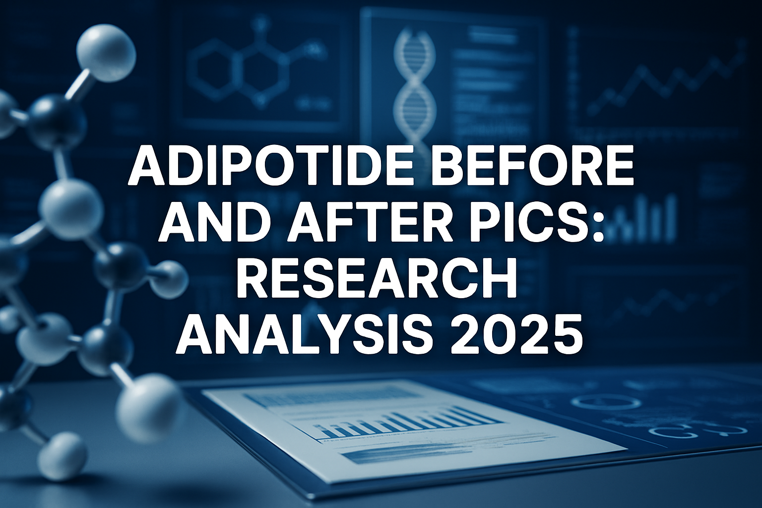 Professional landscape hero image (1536x1024) with bold text overlay 'Adipotide Before and After Pics: Research Analysis 2025' in modern san