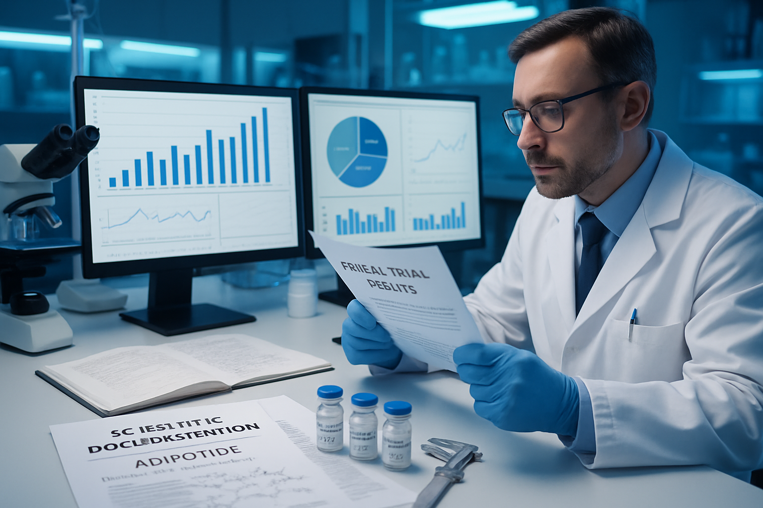 Research laboratory scene with scientific documentation, adipotide peptide vials, measurement tools, data analysis charts on computer screen